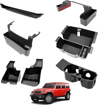 Center Console Organizer for 2024-2025 Jeep Wrangler JL 4XE Console Cup Holder Organizer Trunk Storage Tray Hanging Armrest Storage Box for for Wrangler Accessories24+ 6-Piece, Not Gladiator