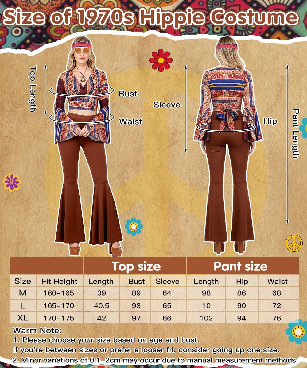Costume Hippie Donna, Vestiti Hippie e Accessori Bohémien, Costume Anni 60 70 con Maniche a Campana, Abbigliamento Anni 70 per Carnevale, Halloween, Feste Retrò