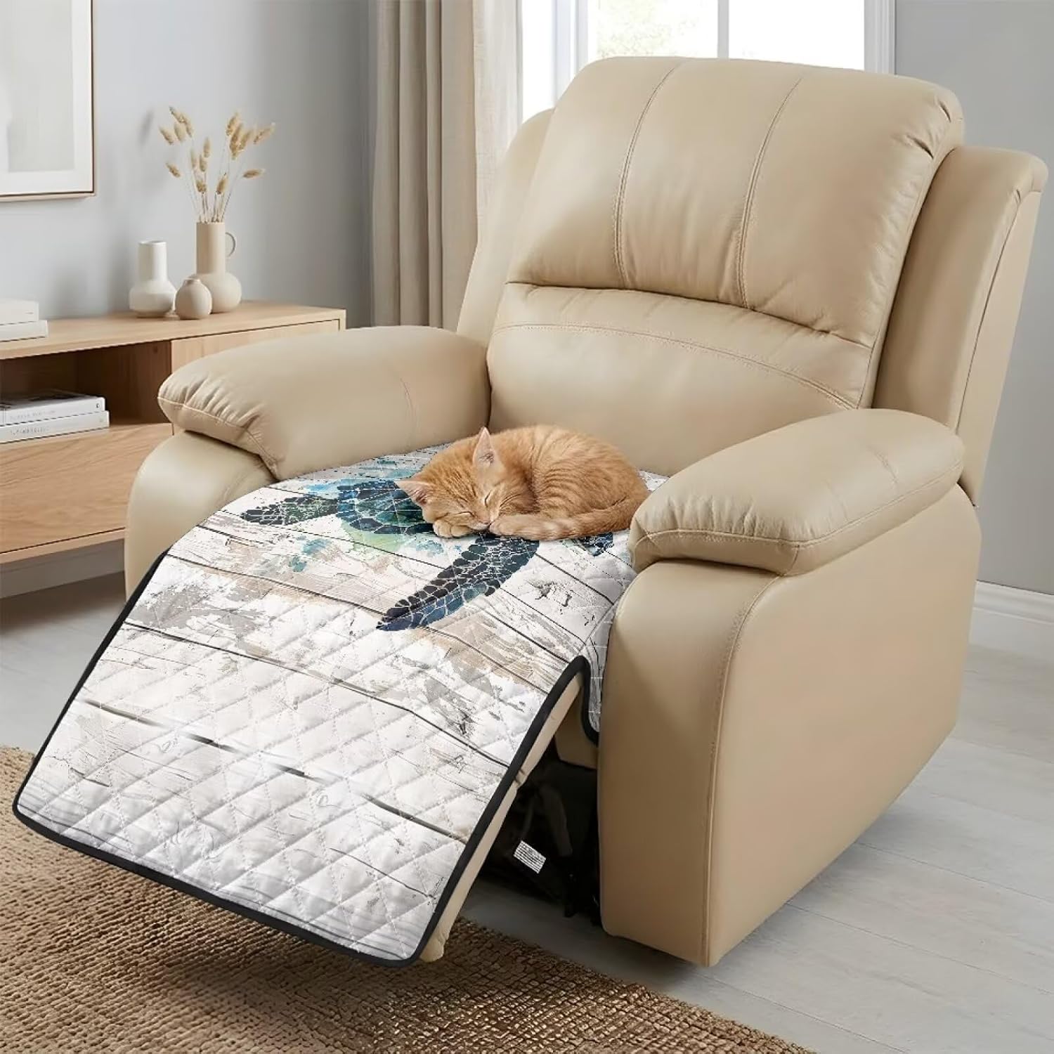 Sea Turtle Wood Grain Print Recliner Chair Cover, Quilted Polyester Furniture Protector with Anti-Slip Silicone Dots, Washable Pet Friendly Seat Cushion Slipcover for Living Room