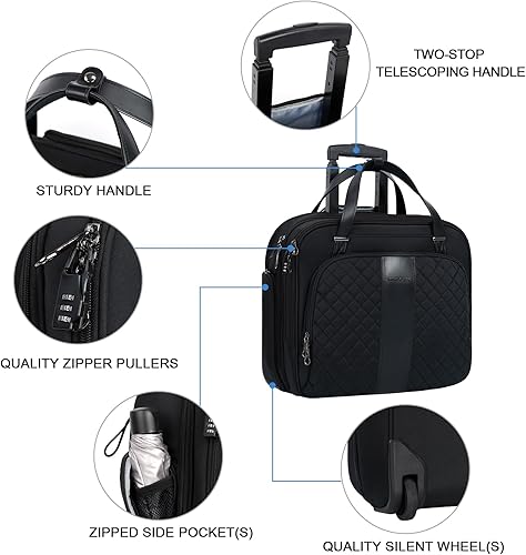 Miniatura 5 de KROSER Maletín con ruedas para laptop de hasta 15.6 pulgadas, repelente al agua con bolsillos RFID para viajes, negocios, mujeres, Quilte Negro,