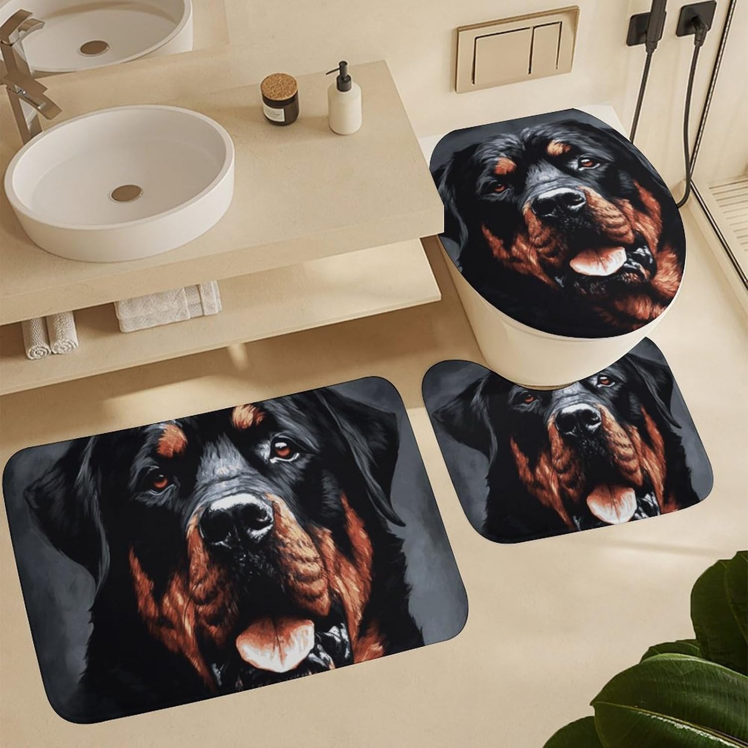 Cool Rottweiler Dog Art Shower Curtain Set 4 Piece, Non-Slip Bath Mat with Toilet Lid Cover and Waterproof Shower Curtain with 12 Hooks, Complete Bathroom Set for Home Decor