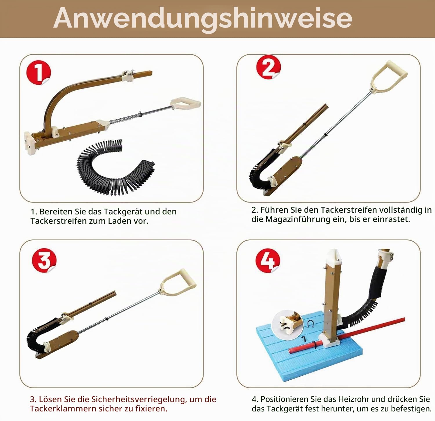Tacker für Fußbodenheizung, mit 1980 Stück Klammern, Einhand-Bedienung, Rohr Tackerpistole für Fußbodenheizungsrohre, geeignet für 25 mm & 50 mm Dämmplatten, inkl. 42 mm Klammern