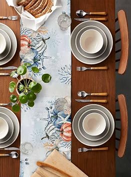 Blue Coastal Beach Fall Table Runner - 72 Inch Long Thanksgiving Pumpkins Maple Leaf Cotton and Linen Blended Dress Scarves Farmhouse Table Runner for Kitchen Dining, Coffee Table, 13 x 72