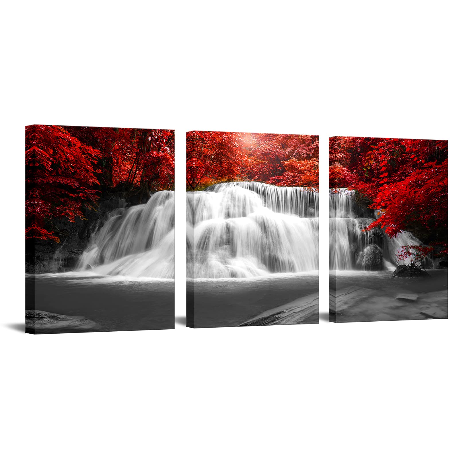 Waterfall Giclee Canvas Prints Wall Art Paintings for Home Decorations Black and White Red 3 Piece Modern Gallery Wrapped Nature Pictures Artwork Ready to Hang 12x16inchx3pcs