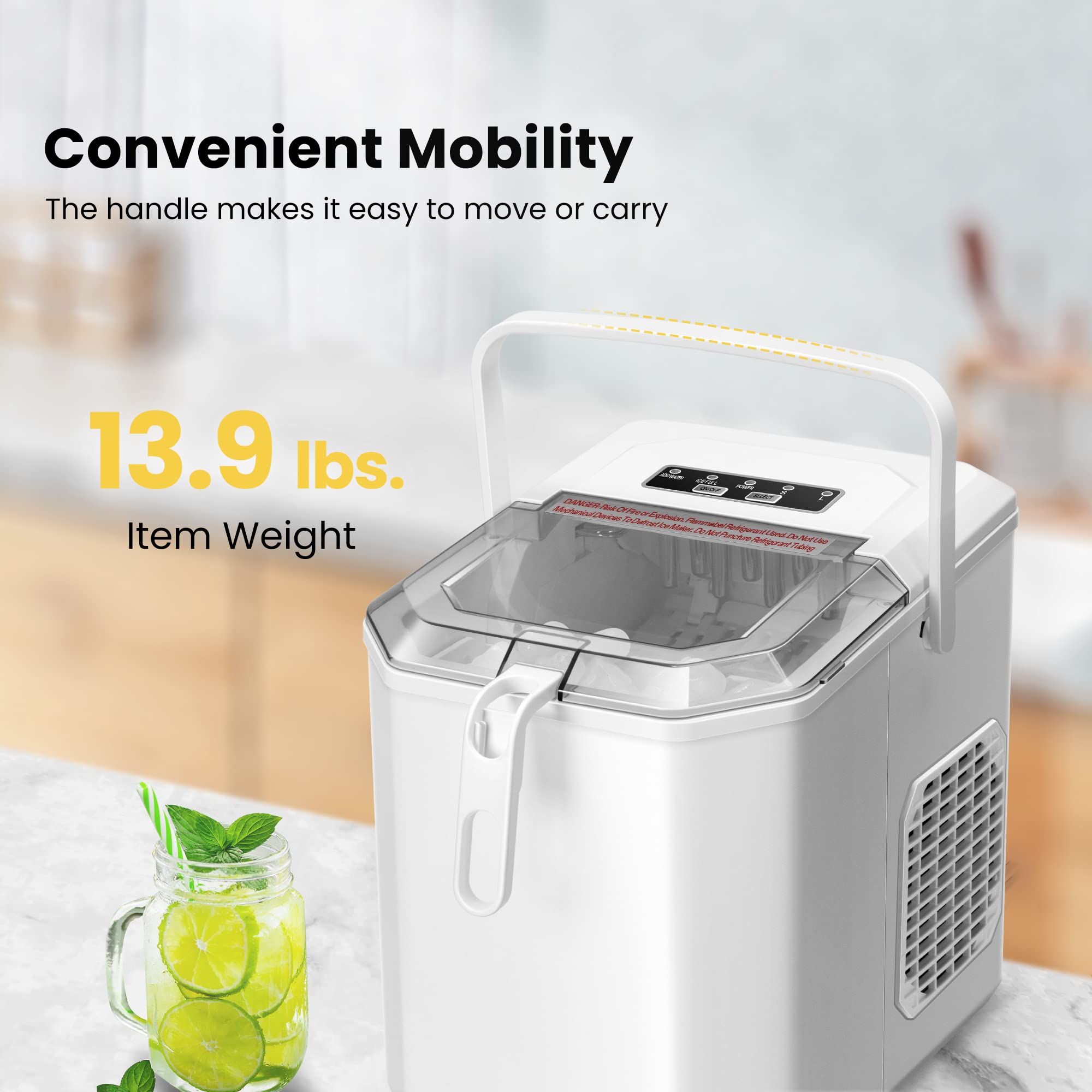 VIVOHOME Electric Portable Compact Countertop Automatic Ice Cube Maker Machine With Handle Hand Scoop 10 Ice Bags And Self Cleaning Function 26.5lbs/Day White on Fridge.com - View 6