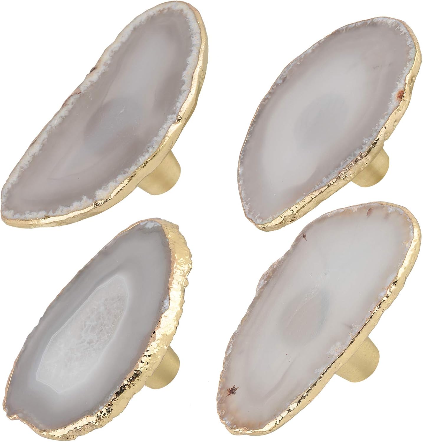 mookaitedecor Set of 4 Gold Plated Agate Slice Drawer Knobs Geode Stone Pull Handles Decorative Dresser Wardrobe Kitchen Cabinet, Natural Color