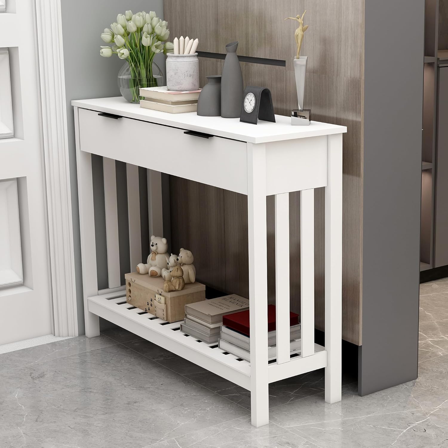 Consolle d'ingresso, armadio corridoio stretto con armadi, consolle in legno con mensola, ingresso, soggiorno, consolle tavolo, lato tavolo, credenza stretta, 30 x 100 x 75,5 cm, bianco - 2 ante di