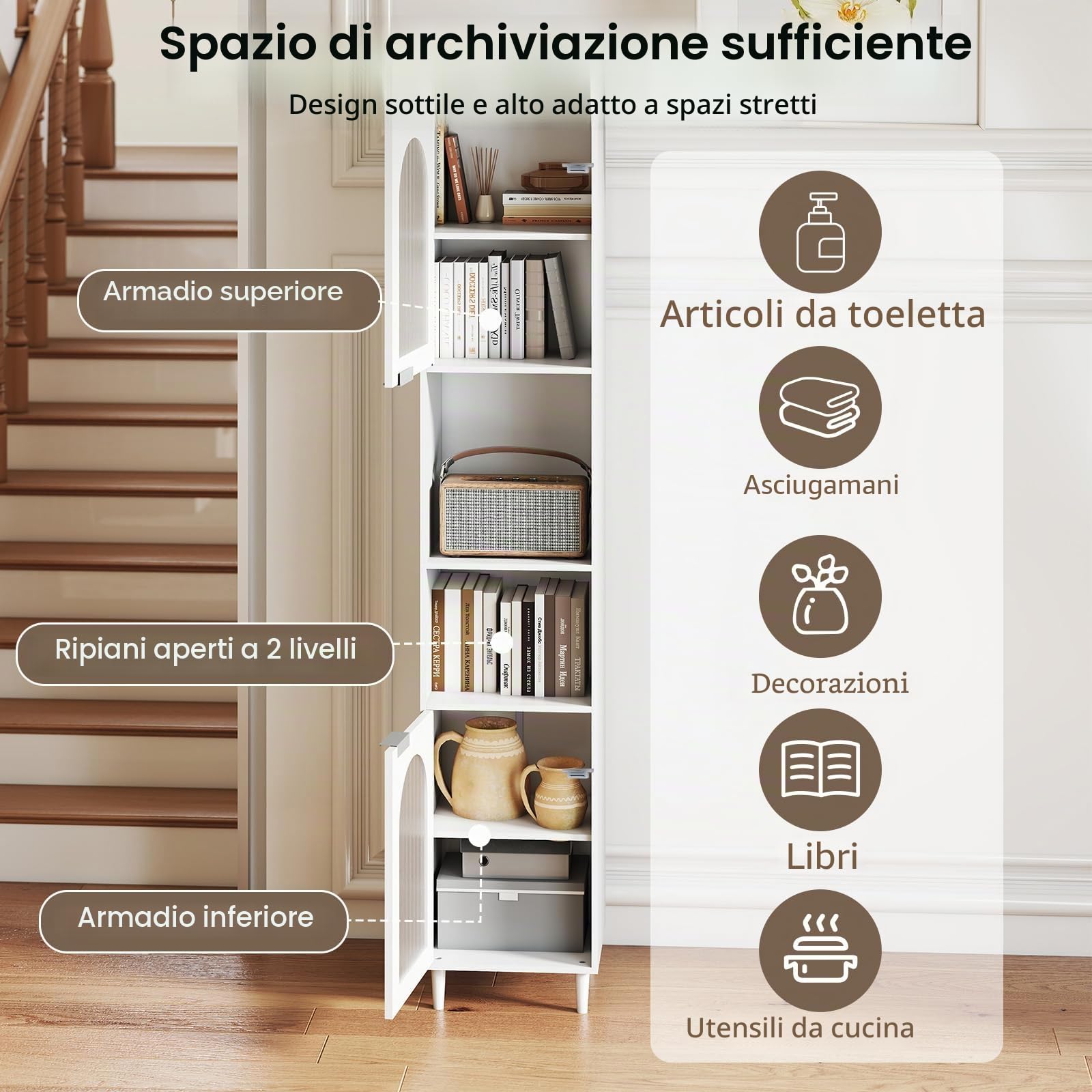 LIFEZEAL Mobile Bagno Salvaspazio Bianco, Colonna Bagno Alto, Stretto, 35x30x180cm, Credenza Cucina, Armadio Dispensa, Mobiletto, con 2 Ante in Vetro, Ripiani Regolabili, Scomparti, in Legno, Max 90kg