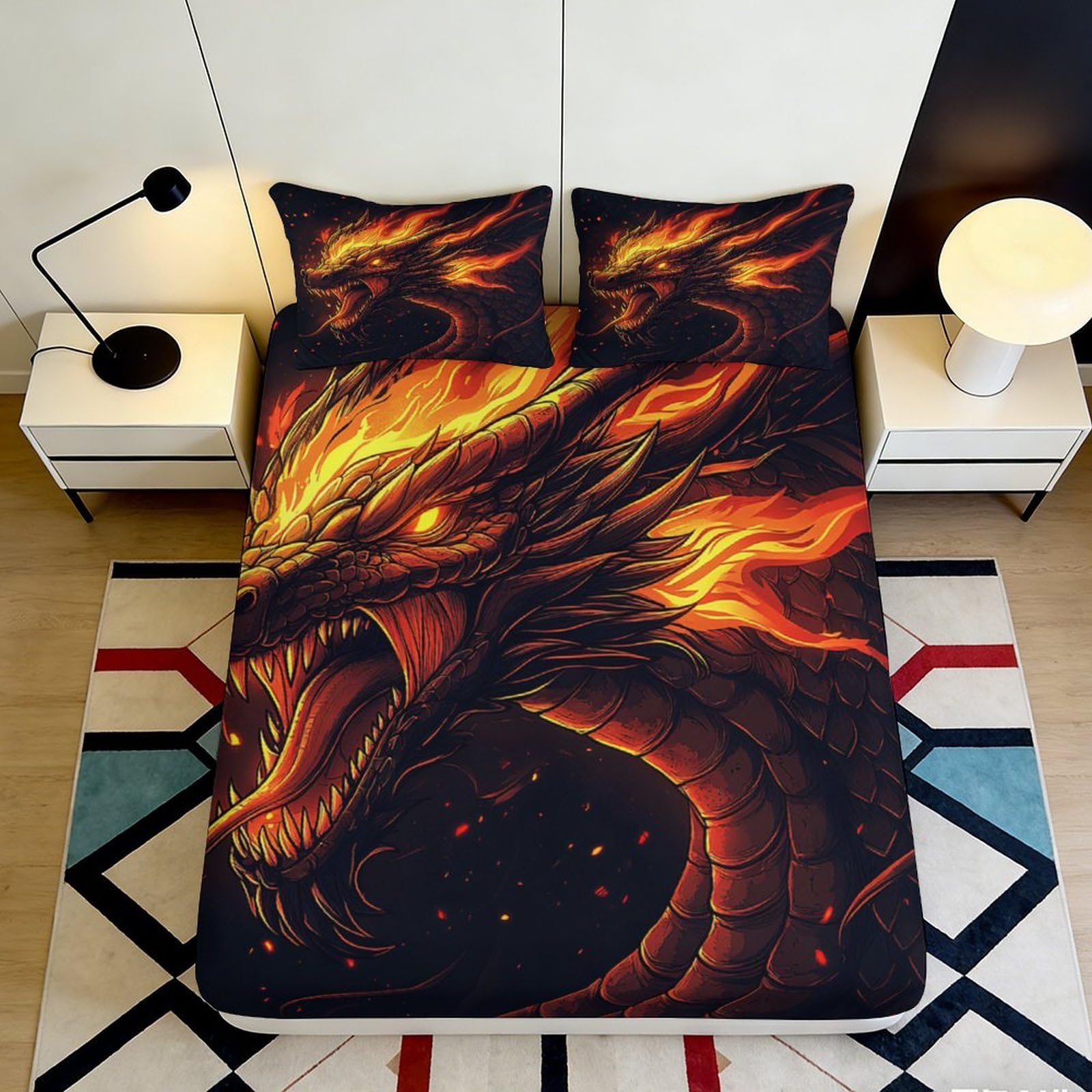 3D Printed Fiery Dragon Fitted Sheet Microfiber Soft Breathable Flaming Creature Bed Cover for Bedroom Dormitory Guest Room Mattress Protection 120x200x25cm