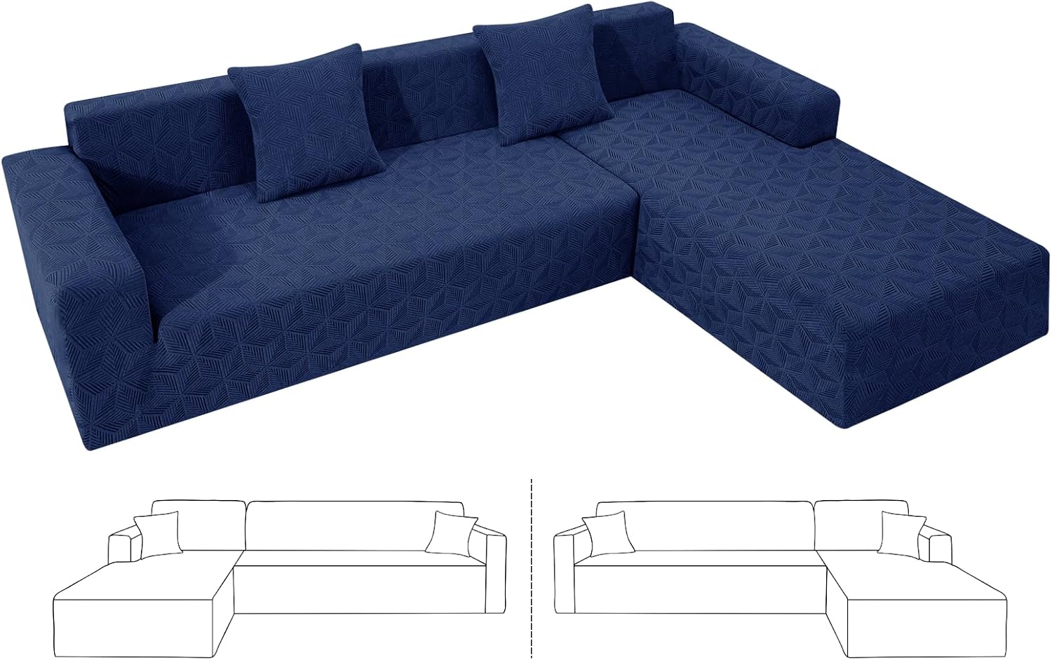 ZNSAYOTX Stretch Sectional Couch Covers New-Triangle Texture, Thick Slipcovers with Elastic Bottom for L Shape Sectional Sofa, 2 Pcs Pet Friendly Universal Protector for(Sofa or Chaise), Navy Blue
