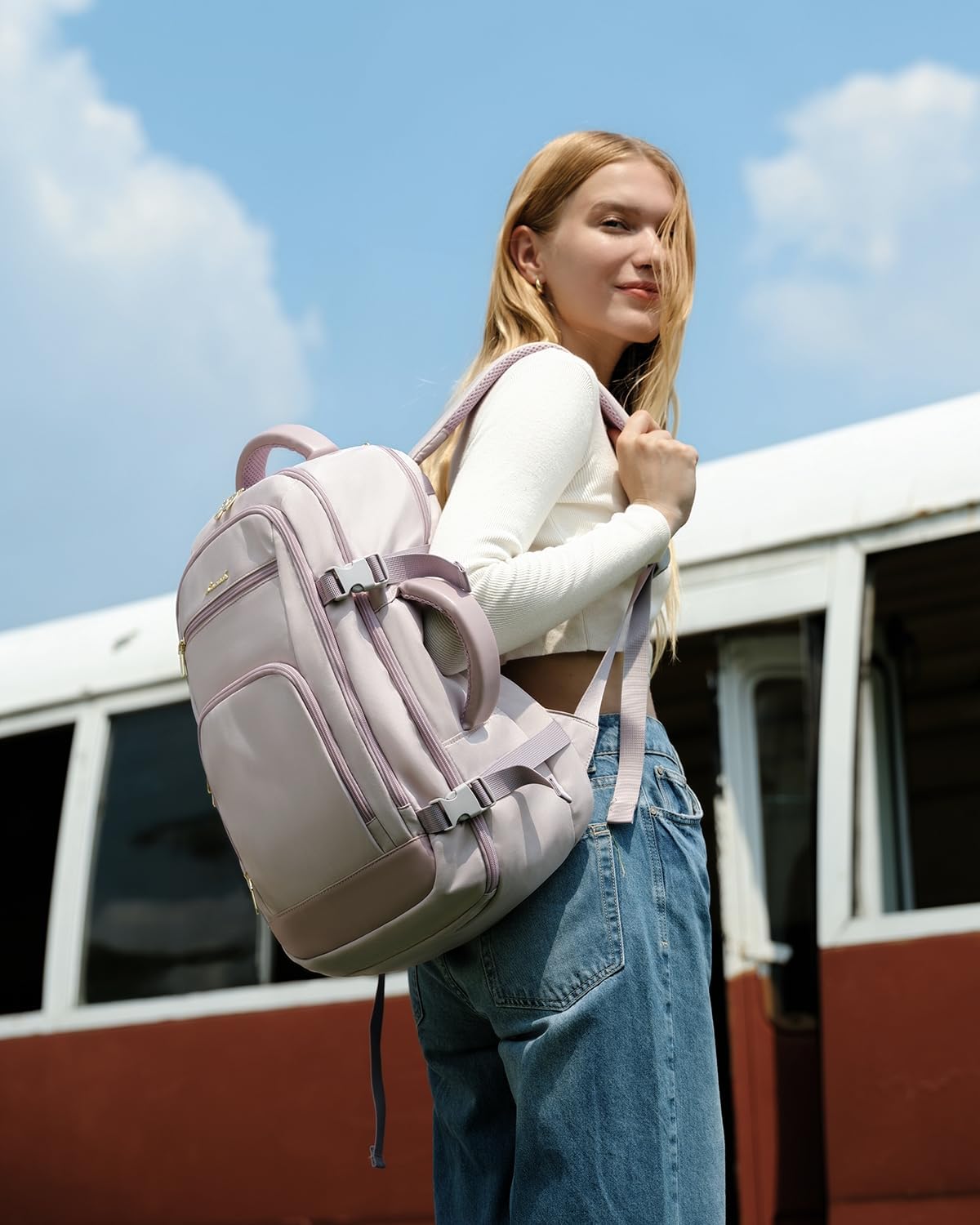 LOVEVOOK Travel Backpack For Women, 40L Carry On Backpack Flight Approved, TSA Personal Item Travel Bag Fits 17 Inch Laptop, Business Weekender Overnight Waterproof Daypack With 2 Cubes, Light Purple - Image 2