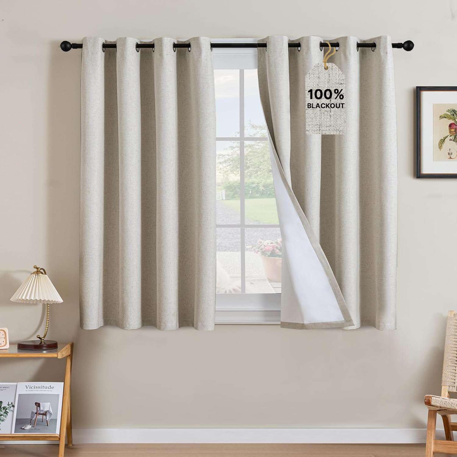 H.VERSAILTEX Linen Curtains 100% Blackout Curtains for Bedroom 45 inch Long Full Light Blocking Nature Linen Blended Window Curtains for Living Room Nickel Grommet (2 Panels, Heathered Linen)