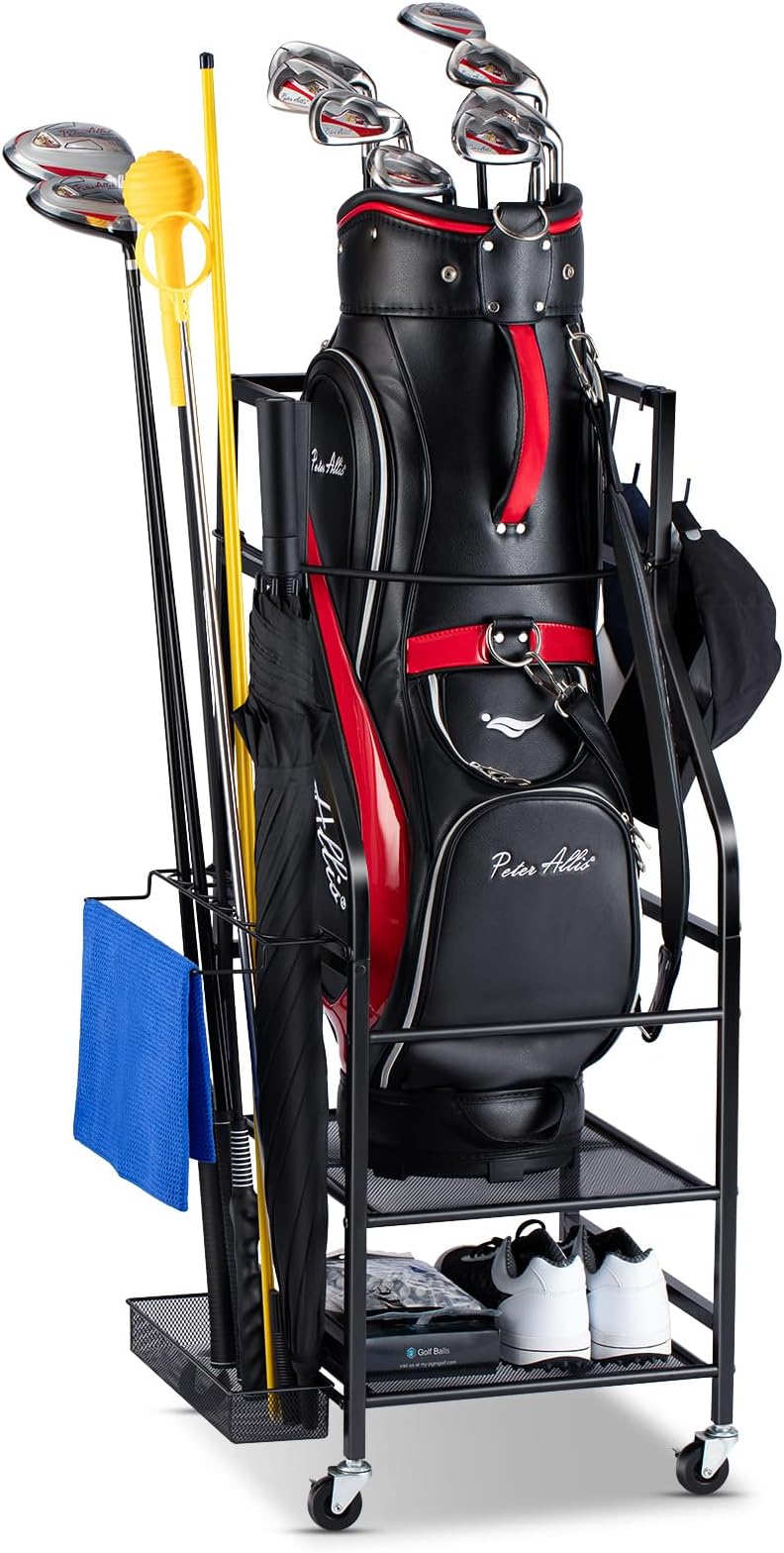 Golf Bags Storage Garage Organizer - Golf Bag Stand Fit Single Golf Bags, Golf Clubs, and Golf Equipment Accessories, Golf Bag Storage Rack with Wheels for Garage, Club, Shed, Basement