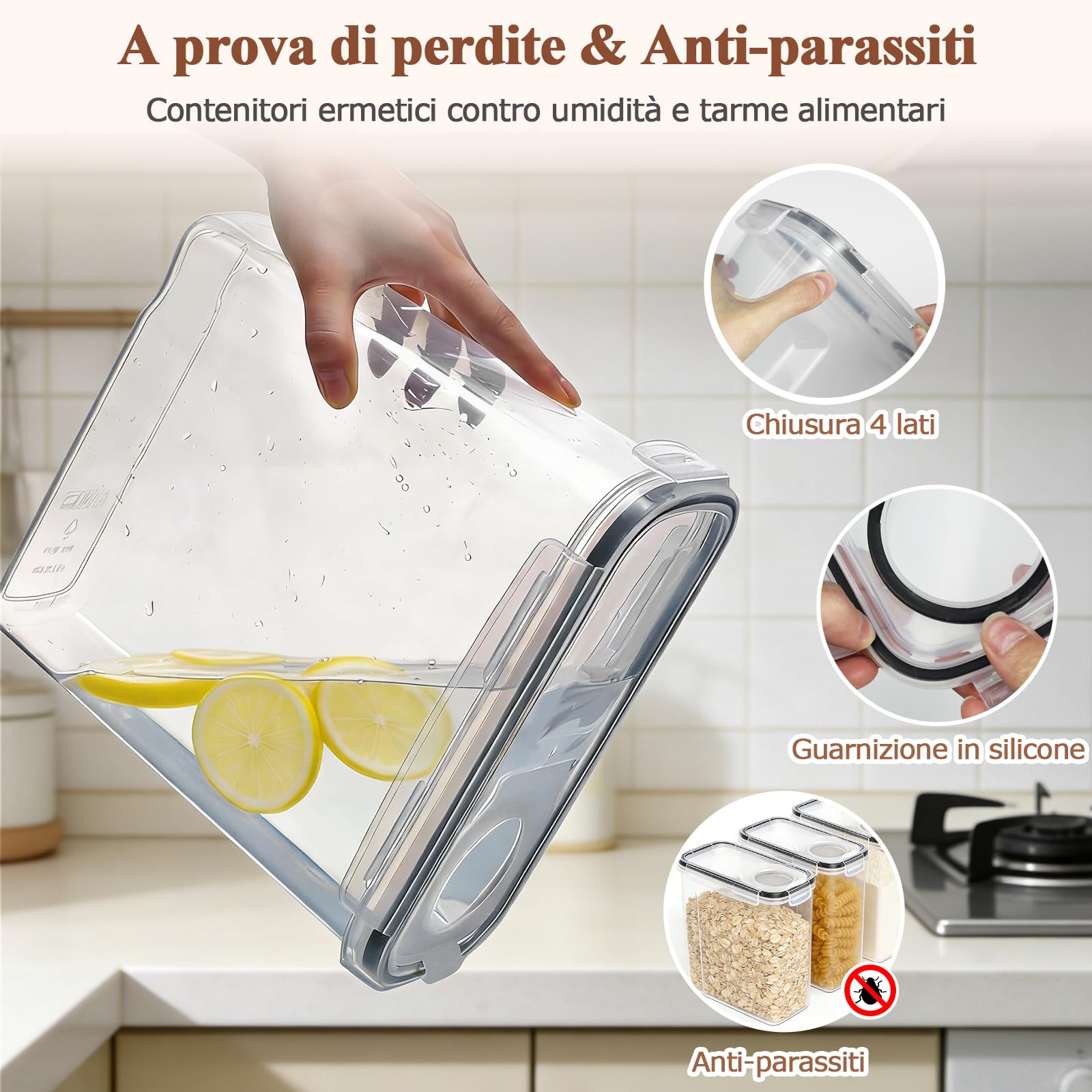 Contenitori Ermetici Alimentari con Coperchio 4L – Set da 4 Scatole di Conservazione per Cucina in Plastica, Ideale per Farina, Muesli, Cornflakes e Cereali, Include 8 Etichette e 1 Pennarello