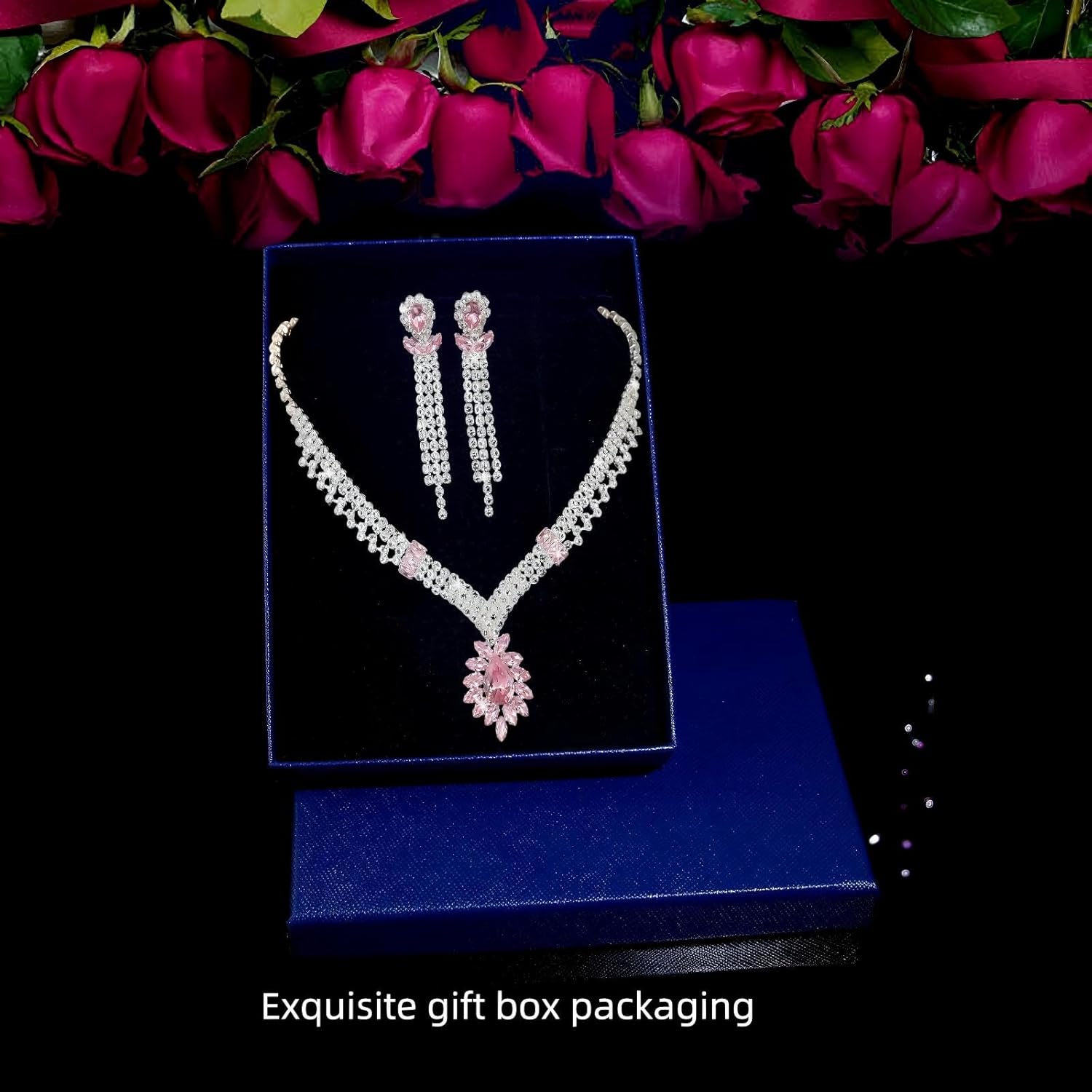 Dazzelunelle Elegant Crystal Statement Necklace and Earrings Set – Sparkling Rhinestone Choker with Matching Drop Earrings for Wedding, Prom, or Formal Events – Silver Tone Bridal Jewelry Gift