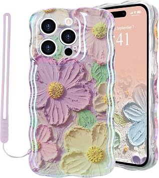 Micoden Blumen Handyh lle f r iPhone 13 Pro mit 1 Lanyard Sto feste H lle Kameraschutz Bunte Retro- lgem lde Lockiges Wellen M dchen Kratzfeste Schutzh lle Weiche Silikon TPU CaseLila