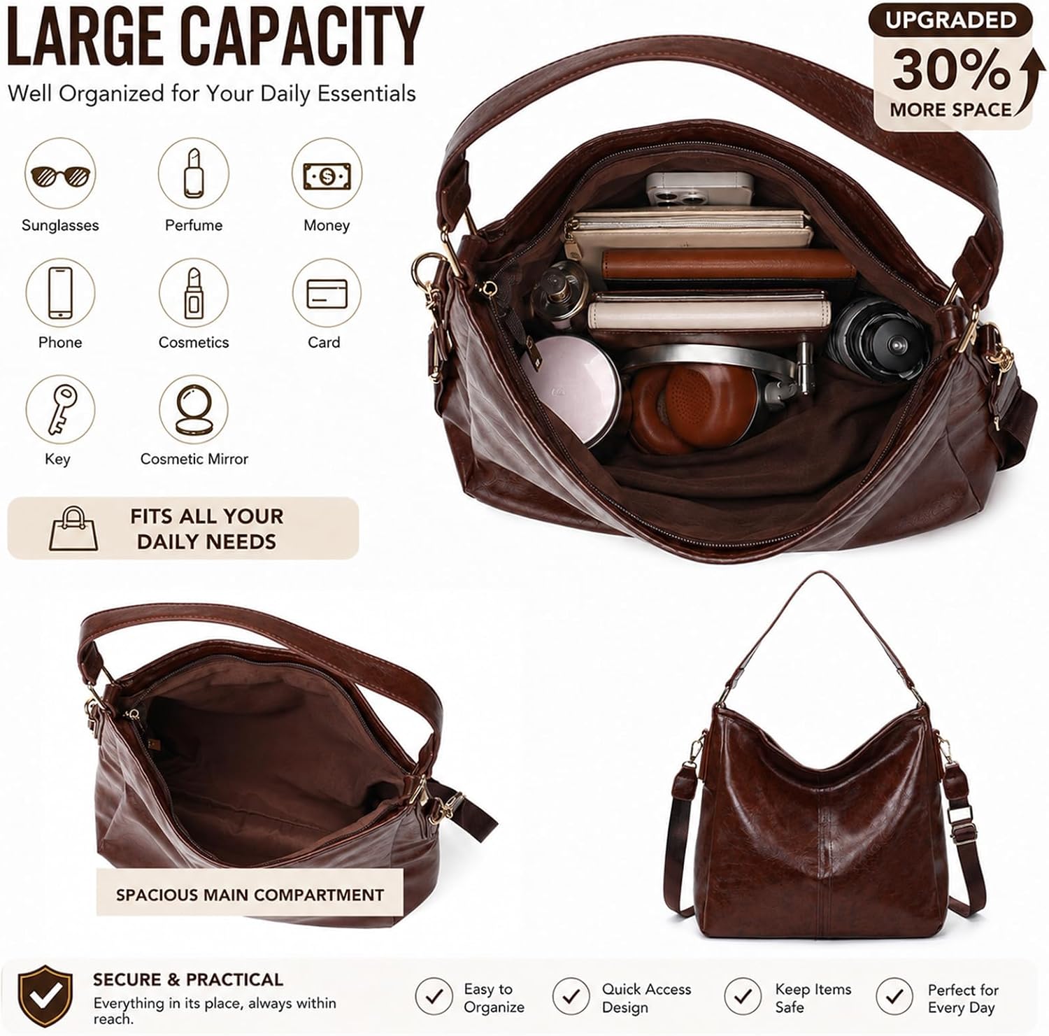 Slouchy Hobo Bags for Women Large Shoulder Bag with Top Handle Vintage Crossbody Purse Leather Travel Slouchy Tote Handbag