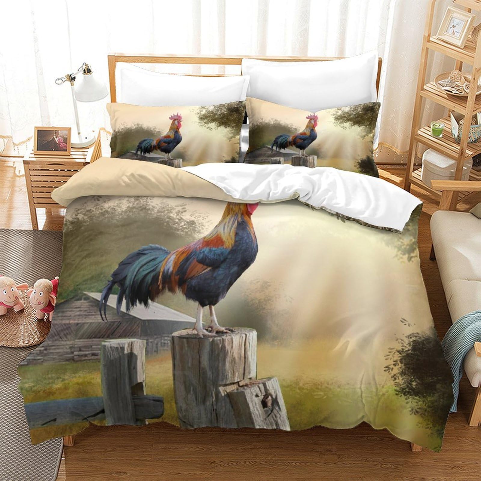 P1s9u7w5y Gallic Rooster-5 Farmhouse Rooster 3D Printed Duvet Cover Set 3Pcs Microfiber Country Chicken Bedding Set King（220X240cm）