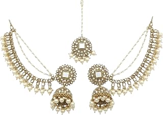 Bahubali earrings with chain jhumka Traditional stylish gold plated kundan and pearl bahubali jhumka with mangtika for gir... Price In India