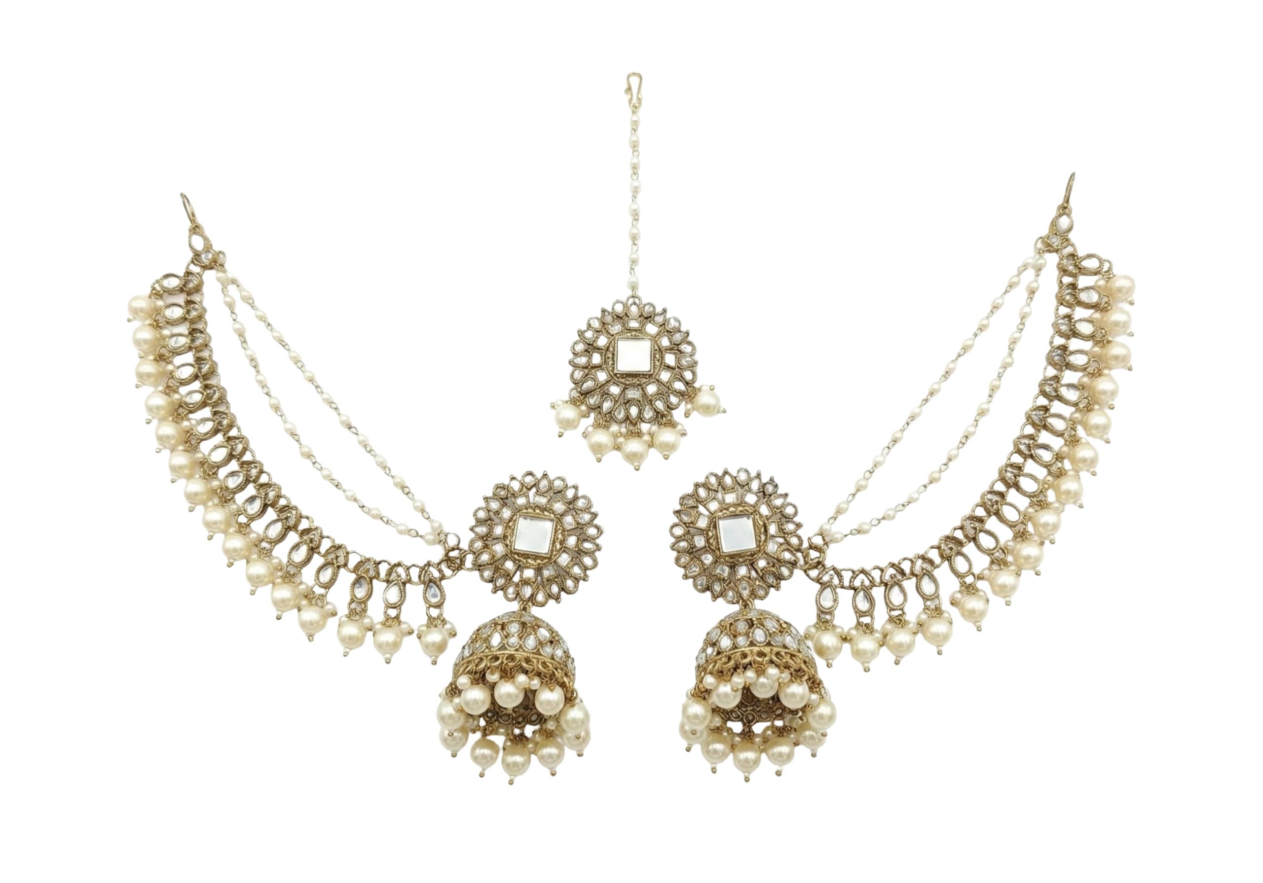 Bahubali earrings with chain jhumka Traditional stylish gold plated kundan and pearl bahubali jhumka with mangtika for girls and women-picture-25