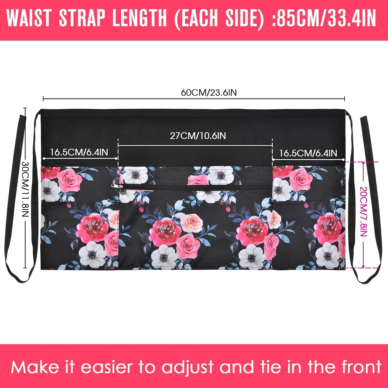 PAMAID Server Waist Aprons, Waitress Kitchen Restaurant Half Apron Professional for Men Women with 6 Pockets (Flower)