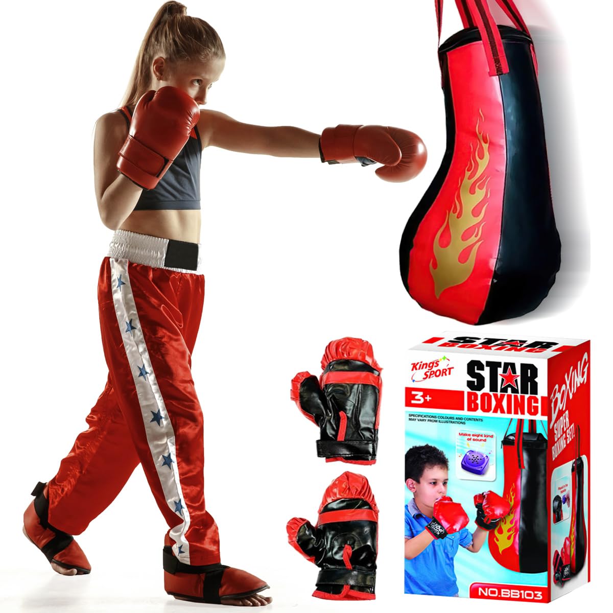 Xwin Kids Boxing Punching Bag Set - 50CM Hanging Punch Bag with Adjustable Gloves, 8 Sound Effects Interactive Boxing Toy - Fitness and Training Set for Boys and Girls Ages 3+ Years