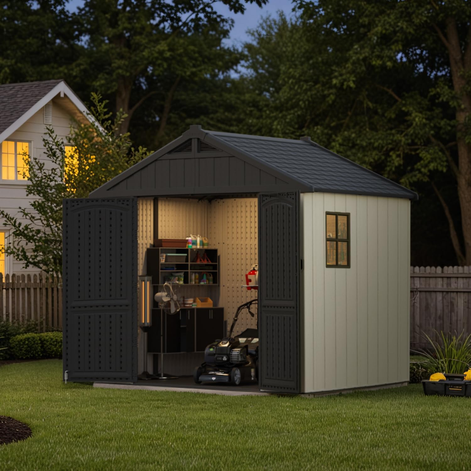 Interior view of the Patiowell storage shed, showcasing ample space for tools and equipment.
