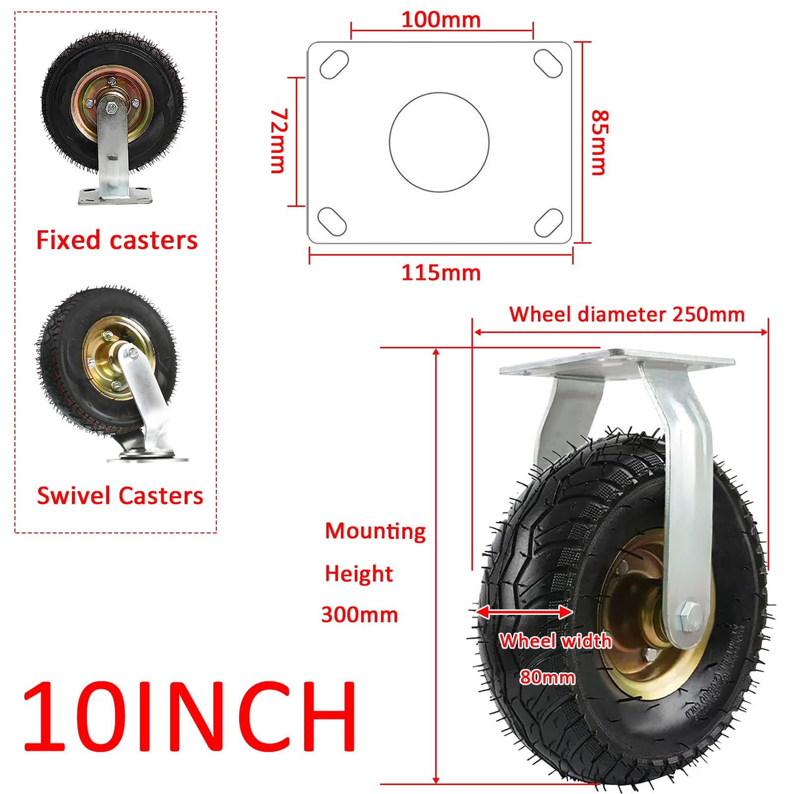 Schwerlastrollen Gummi Bockrolle, Lenkrolle Luftrad Ø 15/20/25cm, Möbel Industrierollen 4 Stück, Schraubbefestigung, Leise Und Sanft, Gummi Ersatz Rollen, Für Alle Böden Oder Teppiche(4 Fixed,25cm)