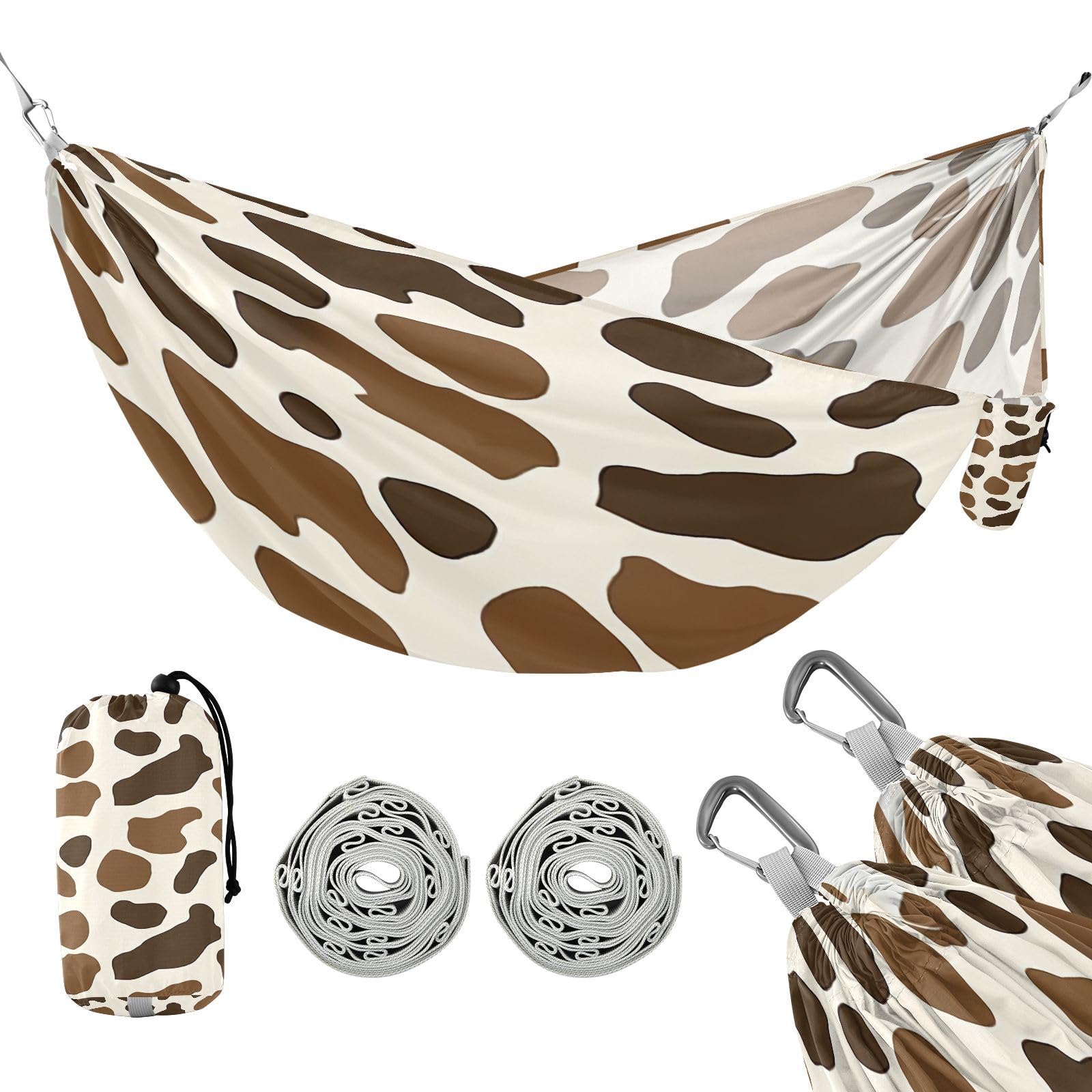 Haskirky Cow Print Camping Hammock, Single Portable Hammocks with Tree Straps & Attached Carry Bag, 330Lbs Capacity Perfect for Outside Indoor Hiking Beach Backpack Travel