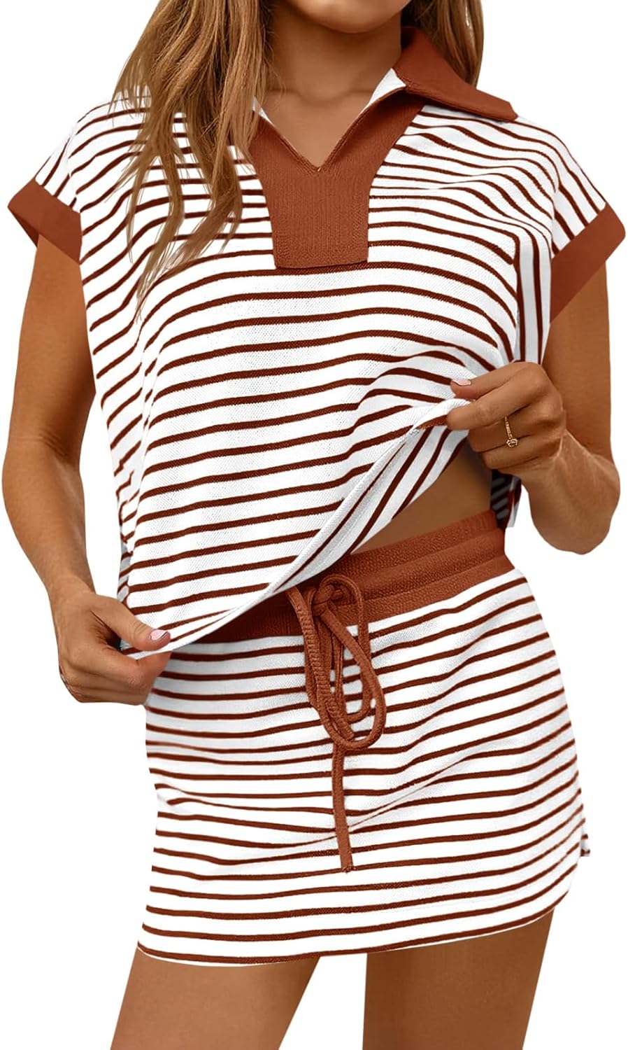 Fisoew Womens Striped 2 Piece Outfits Casual Sweatshirt Skirt Set Short Sleeve Skort Workout Set Matching Lounge Sets