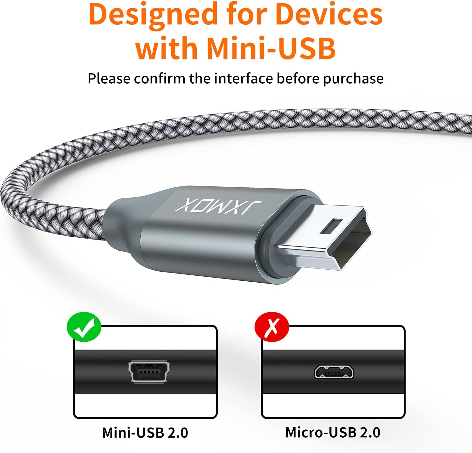 JXMOX Mini USB Cable, (3.3ft 2 Pack) USB 2.0 Type A Male to Mini B Charging Cord Compatible with Hero 3+, PS3 Controller, Digital Camera, Dash Cam, MP3 Player, Garmin Nuvi GPS, GPS Receiver
