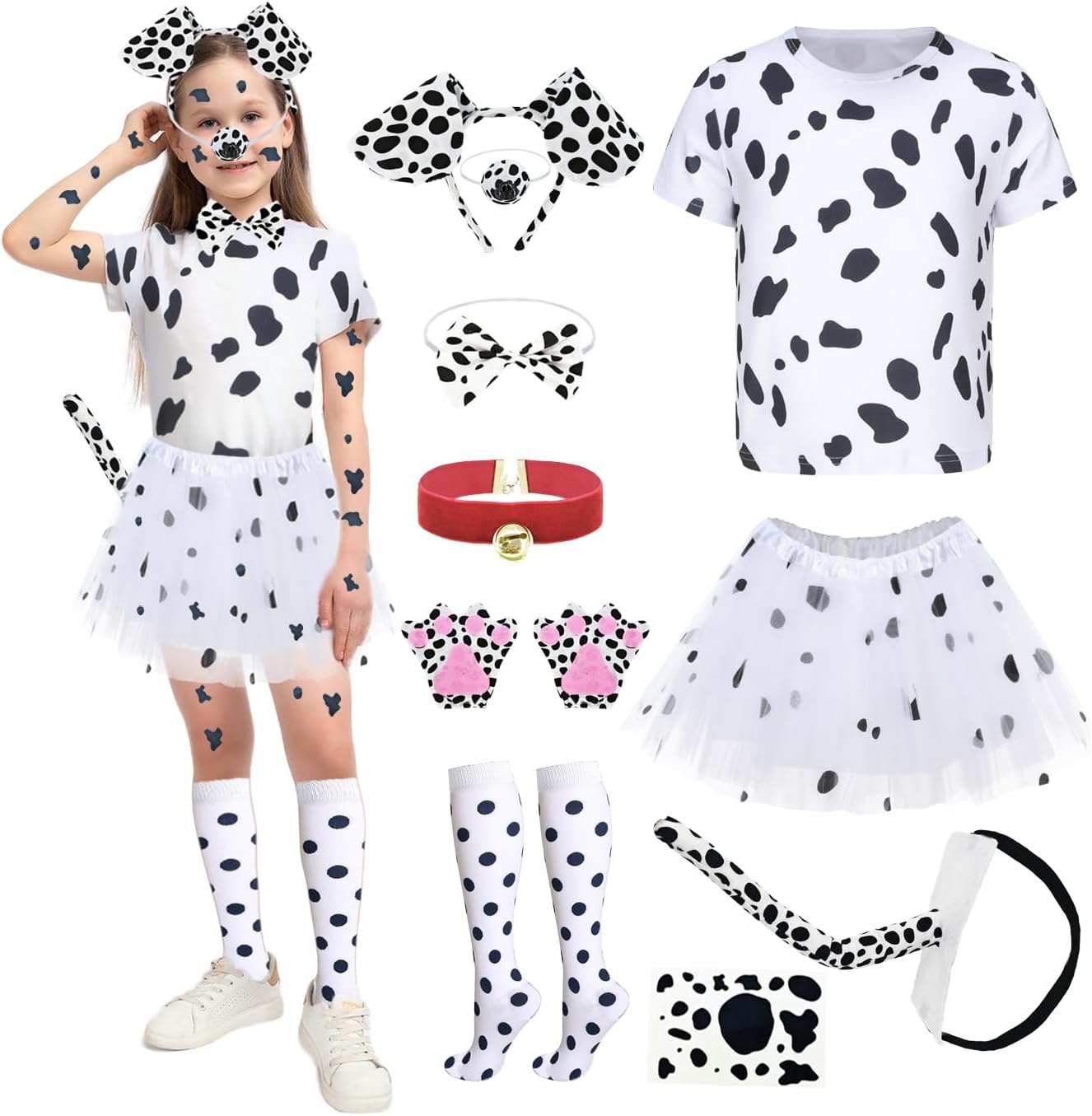RKKVQP 10 Pcs 100 Days of School Costume Girls 101 Dalmations Dog Costume Set T-Shirt Headband Tail Bowtie Socks Tutu Dress