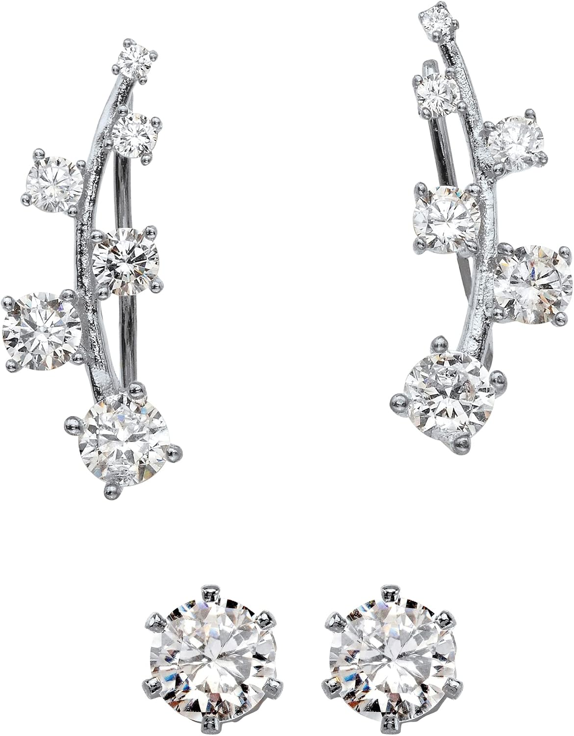 PalmBeach Platinum-plated Sterling Silver Round Cubic Zirconia Stud and Ear Pin Earring Set (20x6mm)