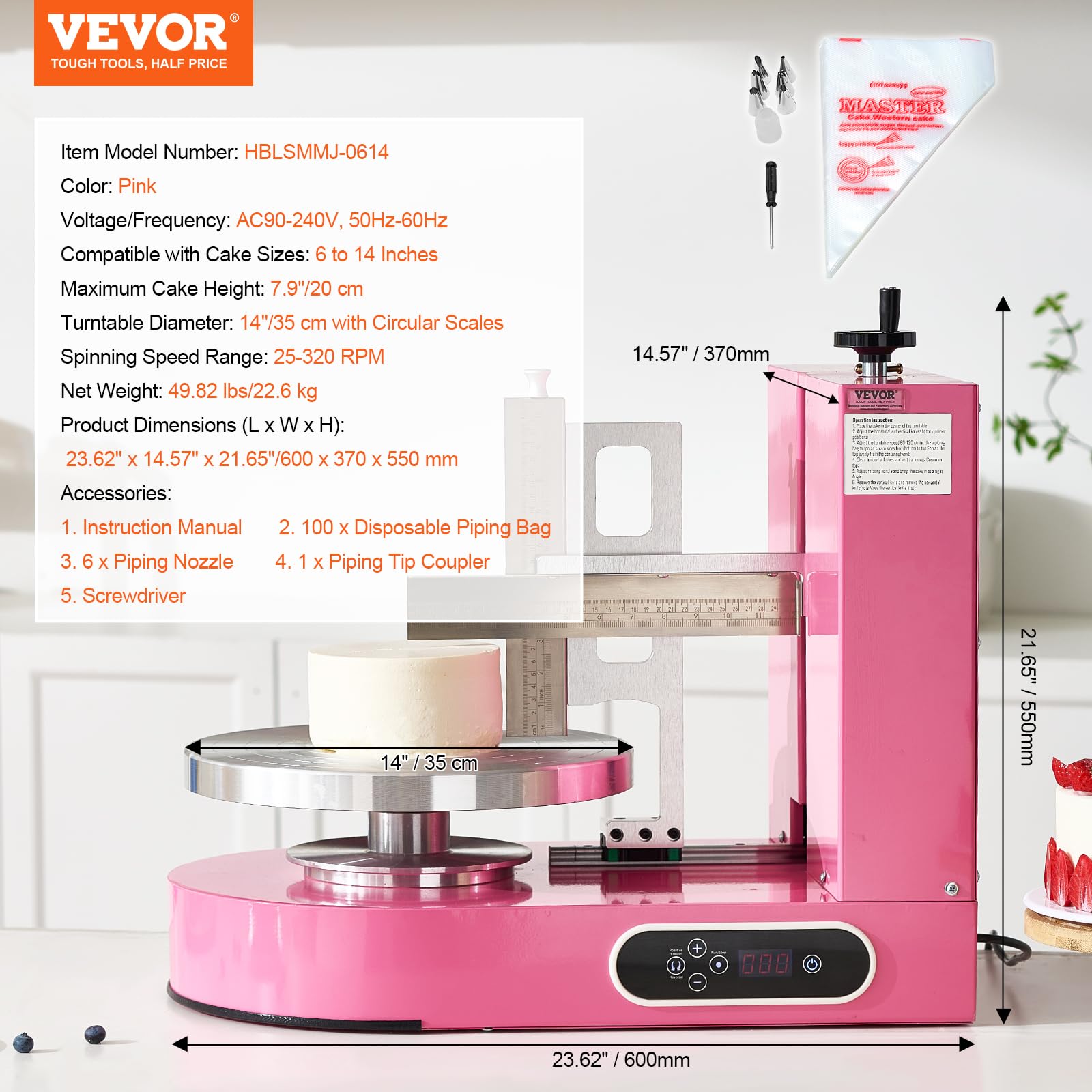 VEVOR Machine à Glacer les Gâteaux 6-14 pouces, Machine à Lisser Crème à Faible Bruit, Plateau Tournant avec Grattoir Réglable, Vitesse de Rotation de 25 à 320 tr/min, Lisseur pour Pâtisserie, Rose