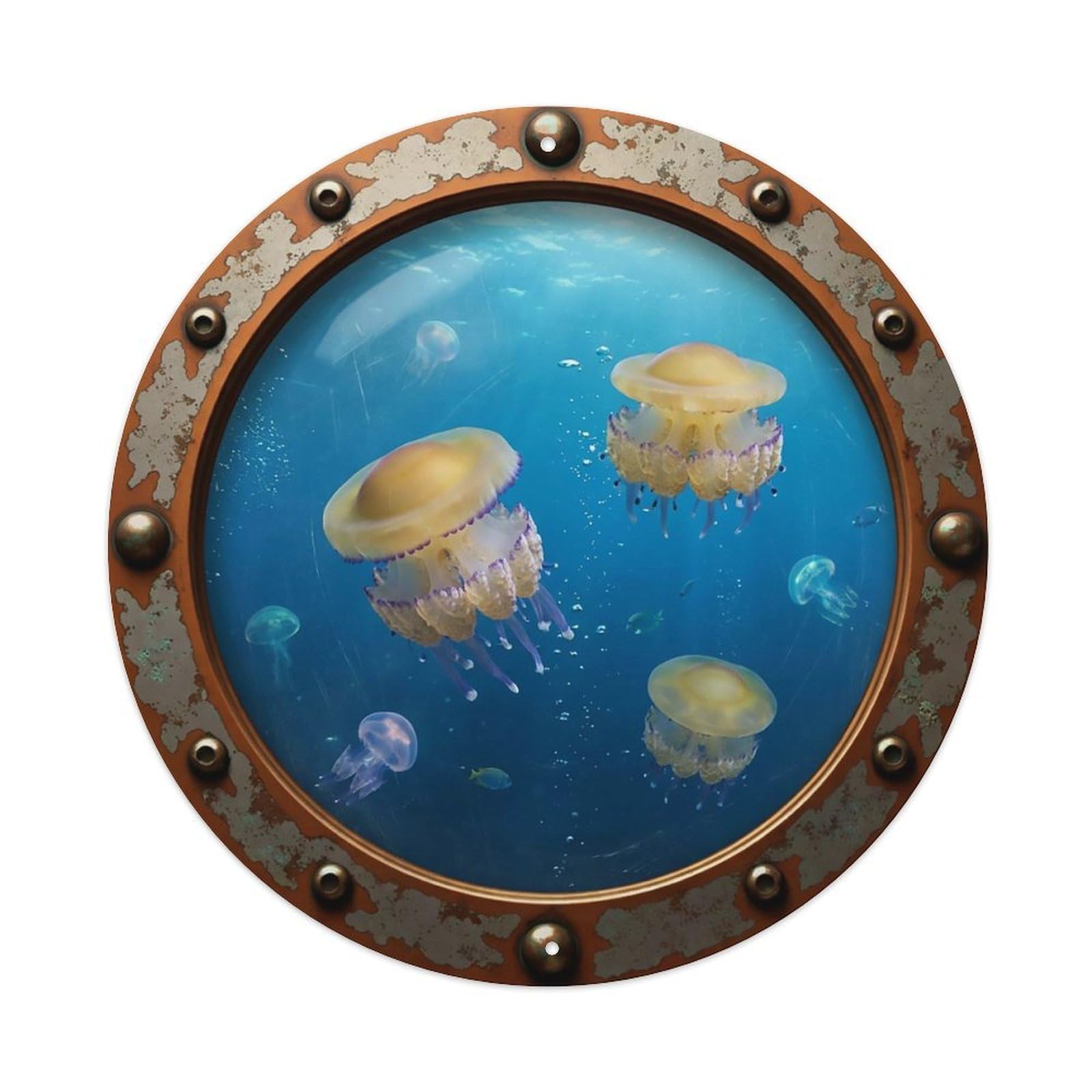 Odgynaw 8X8inch(20X20cm) Vintage Porthole Fried Egg Jellyfish Nautical Window View Metal Tin Sign