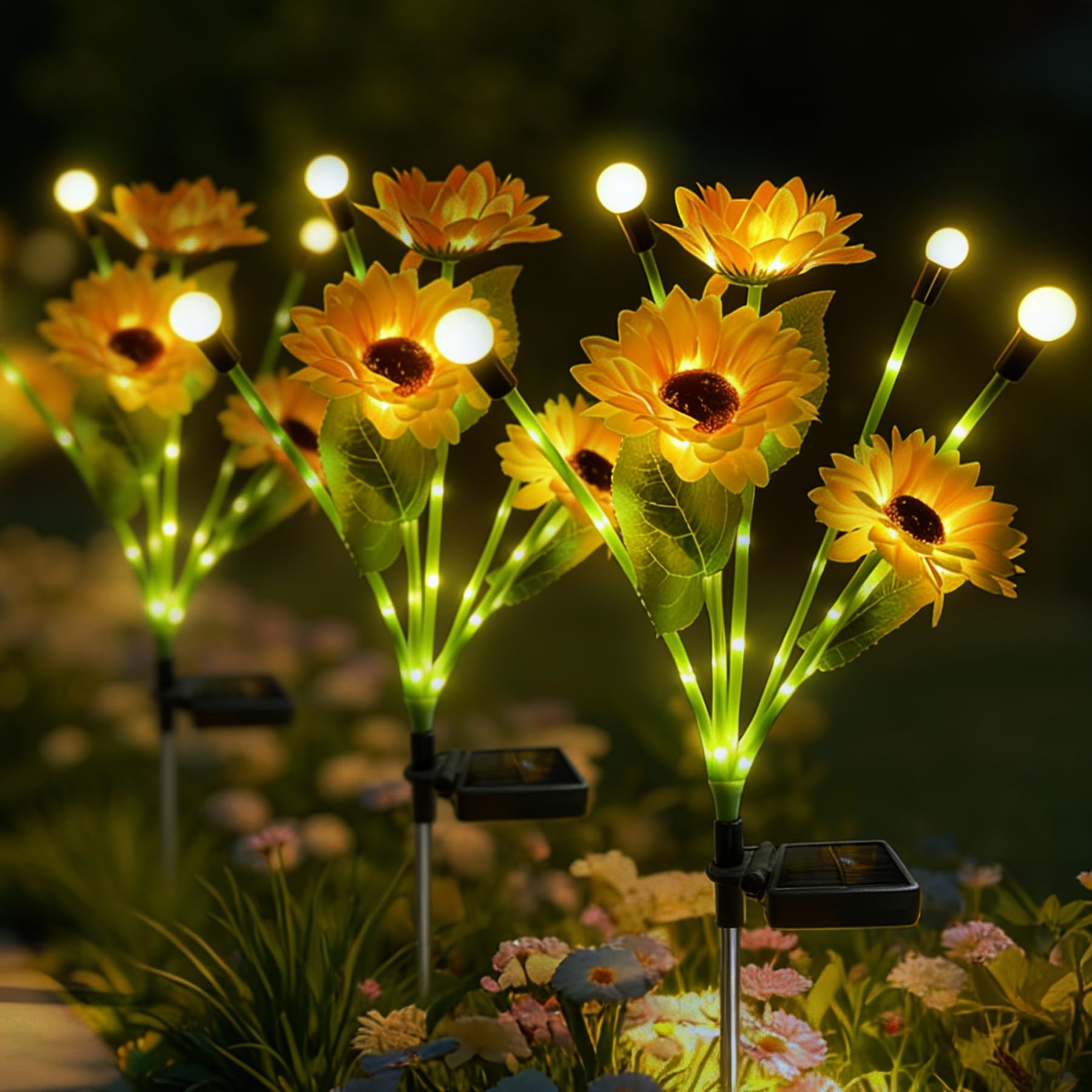 VEEKAY Luci Solari da Giardino,4 Pezzi Girasole Luce Solare Esterno, Luce Solare LED Esterno,IP65 Impermeabile Lampade Solari da Giardino,per Patio,Prato