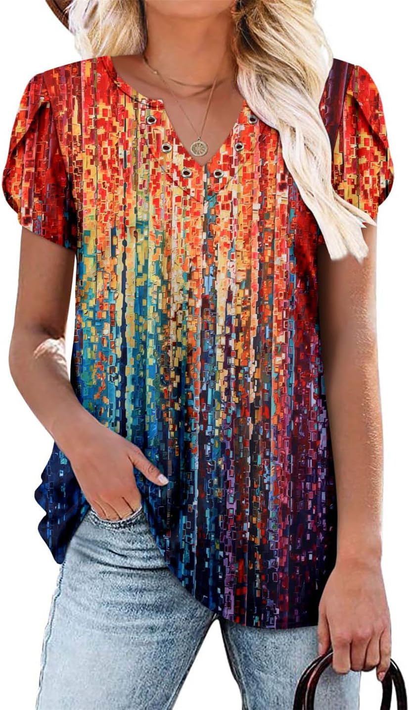 onlypuff Womens Tops Short Sleeve Shirts V Neck Summer Shirts Ladies Tunic Tops Casual Flowy Ruffle Shirt