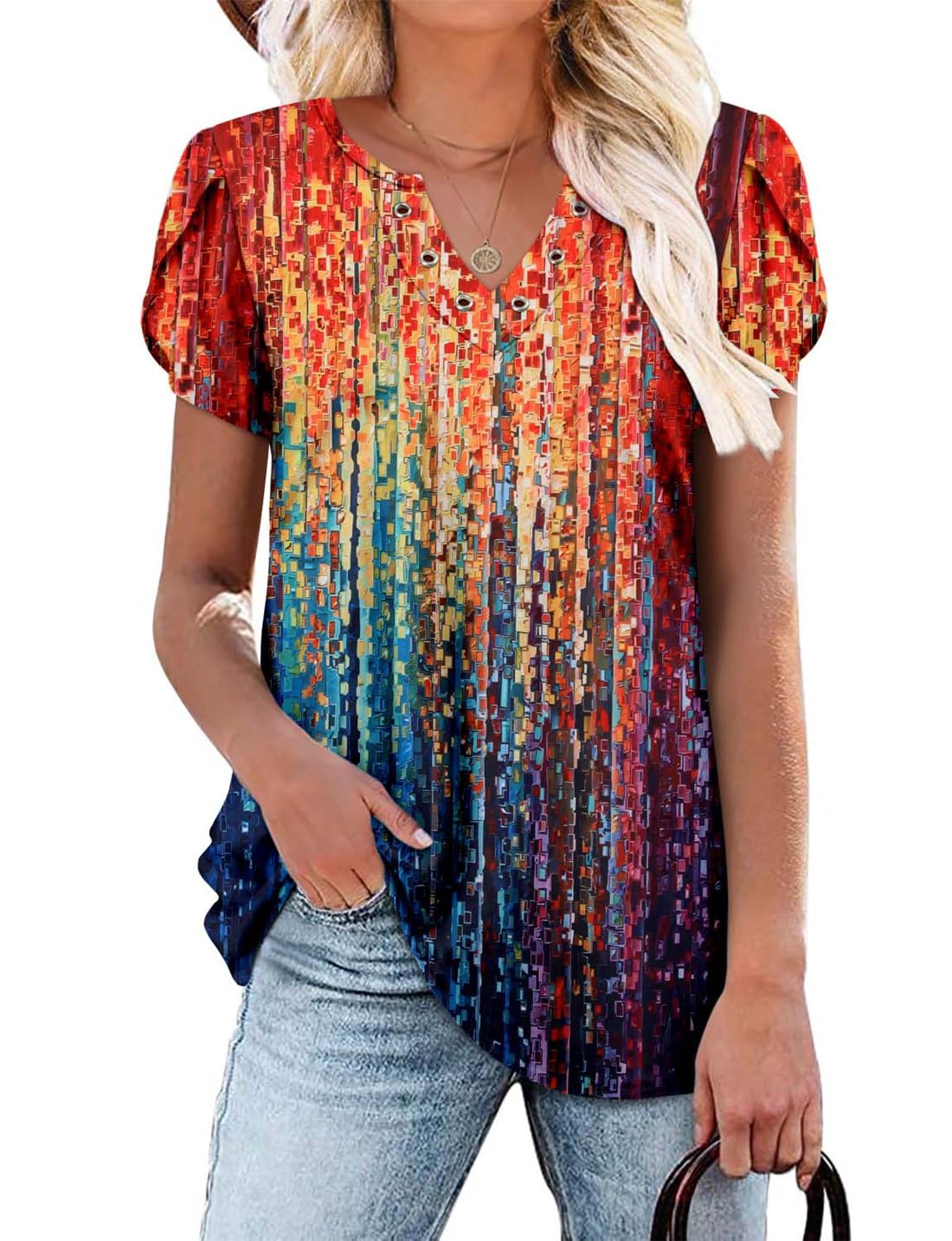 onlypuff Summer Top for Women V Neck Short Sleeve Shirts Flowy Tunic Tops