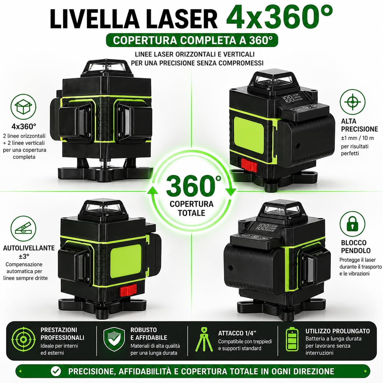 Livella Laser 4D Autolivellante 360° con 16 Linee Verdi, Sistema di Allineamento 3° Automatica, 2 Batterie Incluse, Supporto Girevole, Treppiede Regolabile fino a 1,2m, Telecomando e Valigetta
