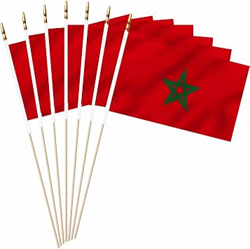 Morocco Mini Flag 5x8 Inch 20 Pack Wood Stick Handheld | Small Morocco flag set red field with a green five-pointed star. Lightweight polyester for parades, parties