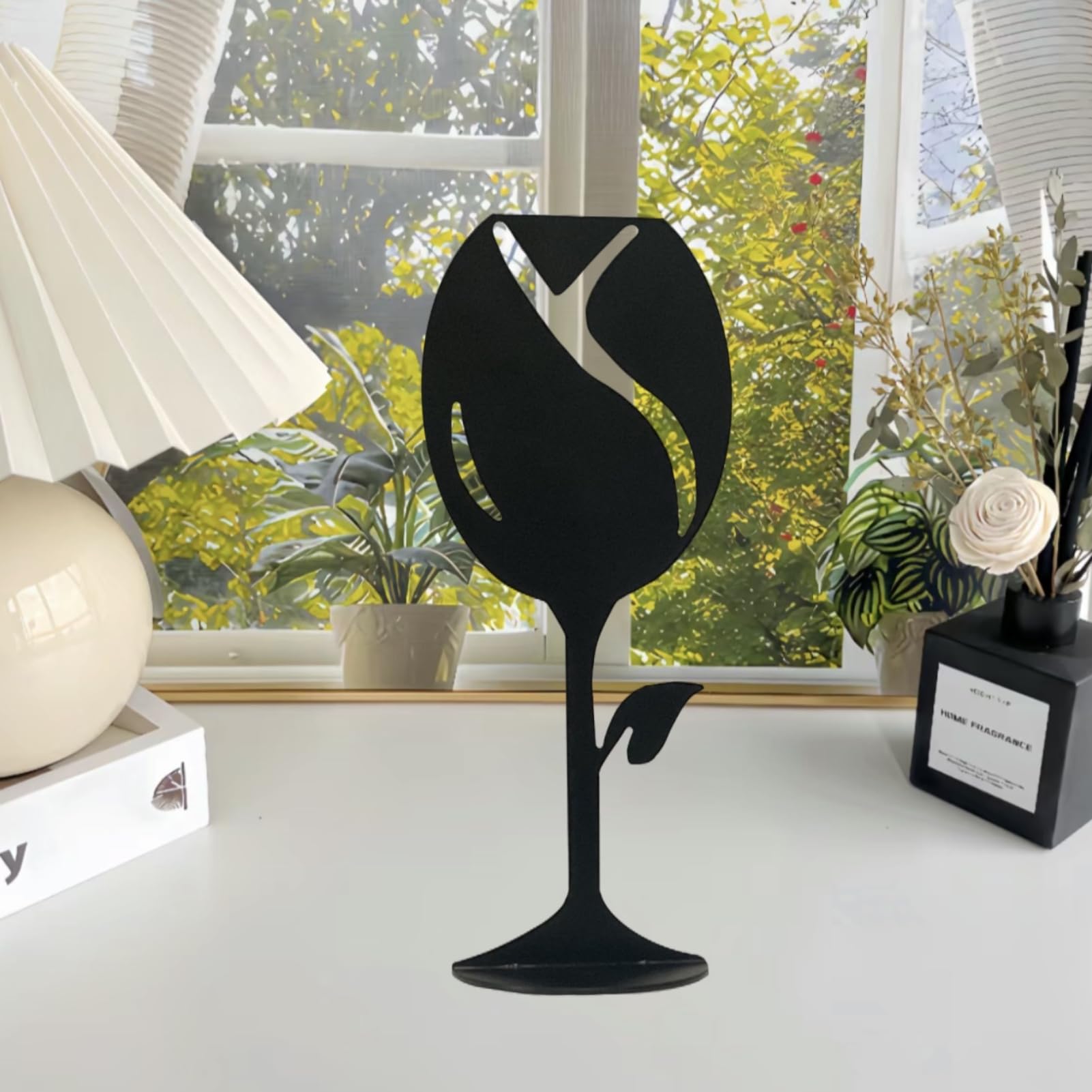 Modern Decorative Wine Sculpture, Metal Wine Decor,Bar Metal Sign,Home Bar Desk Decor,Sweet Dawn bookshelf, mantel, or window sill, this decorative piece can complement various interior styles.Black