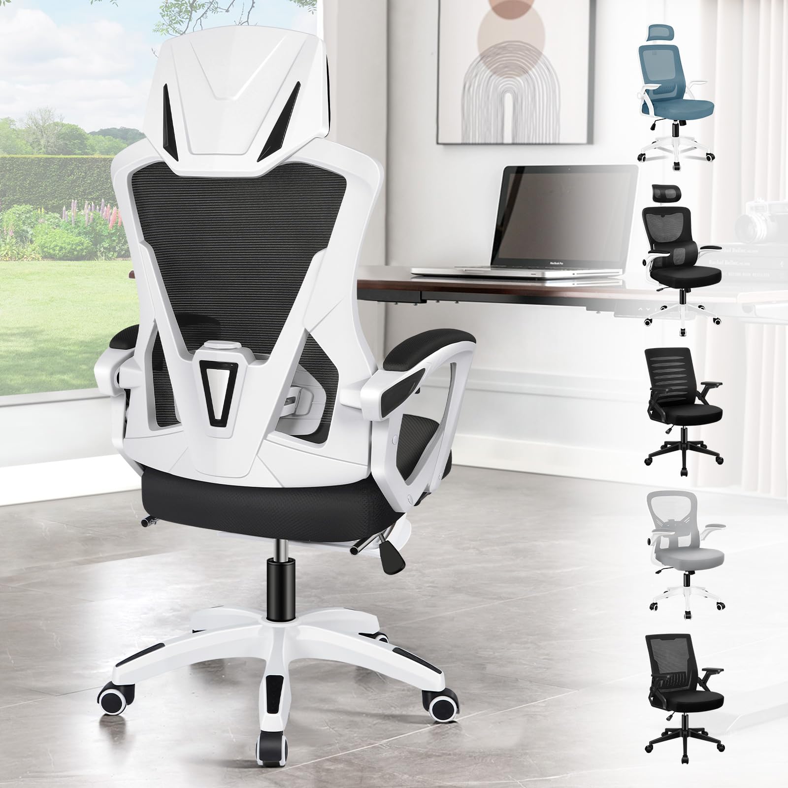 ELFORDSON Ergonomic Office Chair, High Back 150° Reclining Computer Chair with Headrest and Adjustable Lumbar Support, Padded Armrest, Retractable Footrest, Swivel Desk Chairs for Home, Black & White