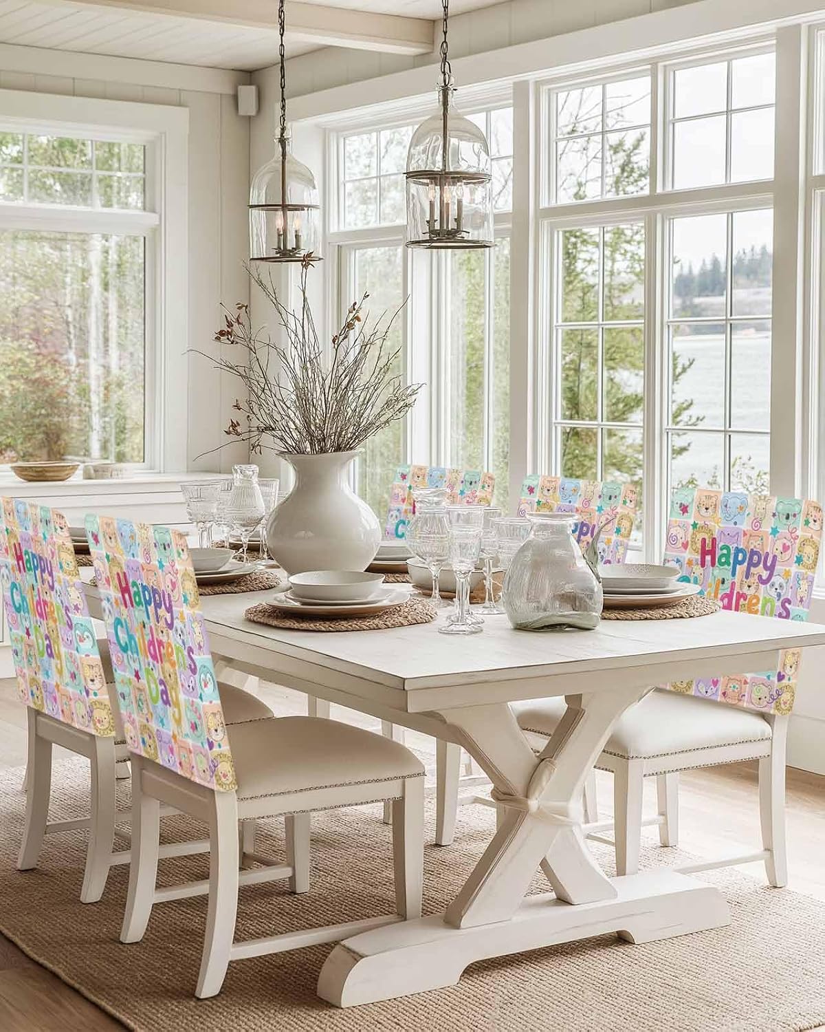 Chair Back Covers for Dining Room, Happy Children's Day Linen Polyester Back Chairs Protector, Cartoon Curtain Animals 4 Pcs Chair Covers for Dining Chairs Decor, 20 x 19 Inches