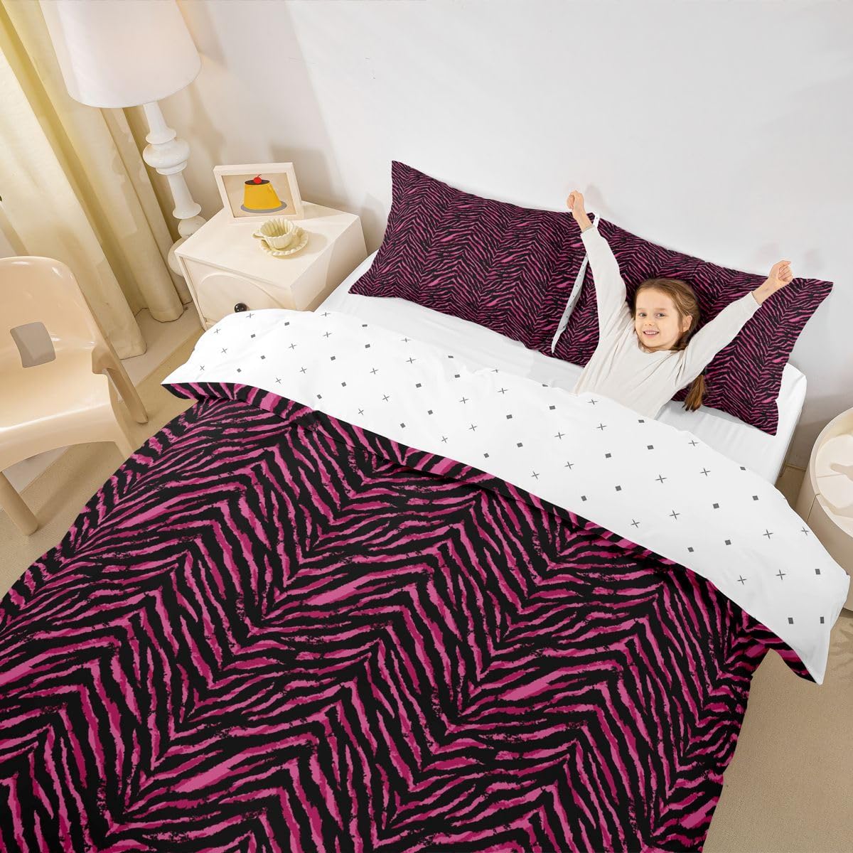 Castle Fairy Pink Zebra Skin Bedding Set Twin Size Africa Wildlife Duvet Cover Black Grey Animals Fur Comforter Cover 2pcs for Kids Girls Women Bedroom Decor Romantic Stripes Quilt Cover,1 Pillowcase