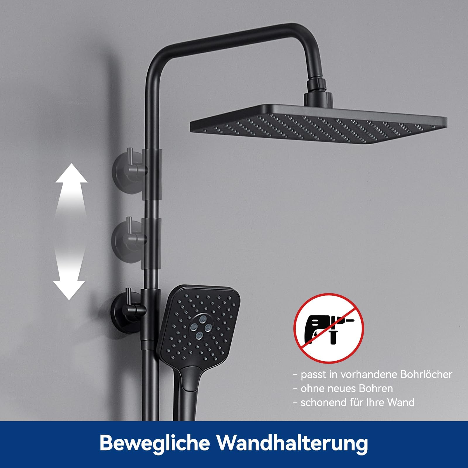 Auralum Duschsystem mit Thermostat und Glasablage, Duscharmatur Komplettset mit 12 Zoll Regendusche Kopfbrause, 3 Strahlarten Duschkopf Wassersparend, Höhenverstellbare Duschstange, Eckig, Schwarz