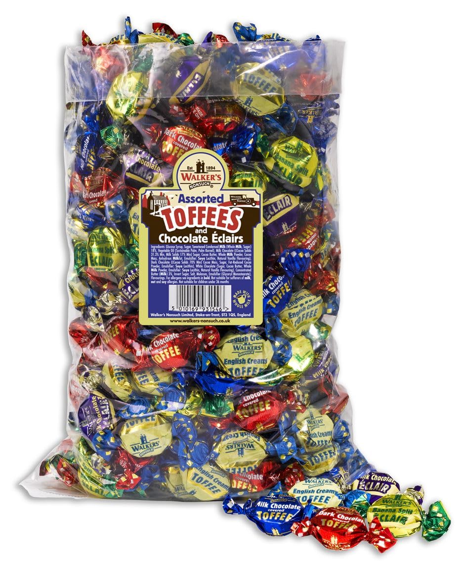 Walkers' Nonsuch Assorted Toffees & Chocolate Éclairs | 5.51 lbs (2.5kg) Bulk Bag | Contains English Creamy, Milk & Dark Chocolate Covered, Banana Split & Milk Toffees | Traditional British Candy