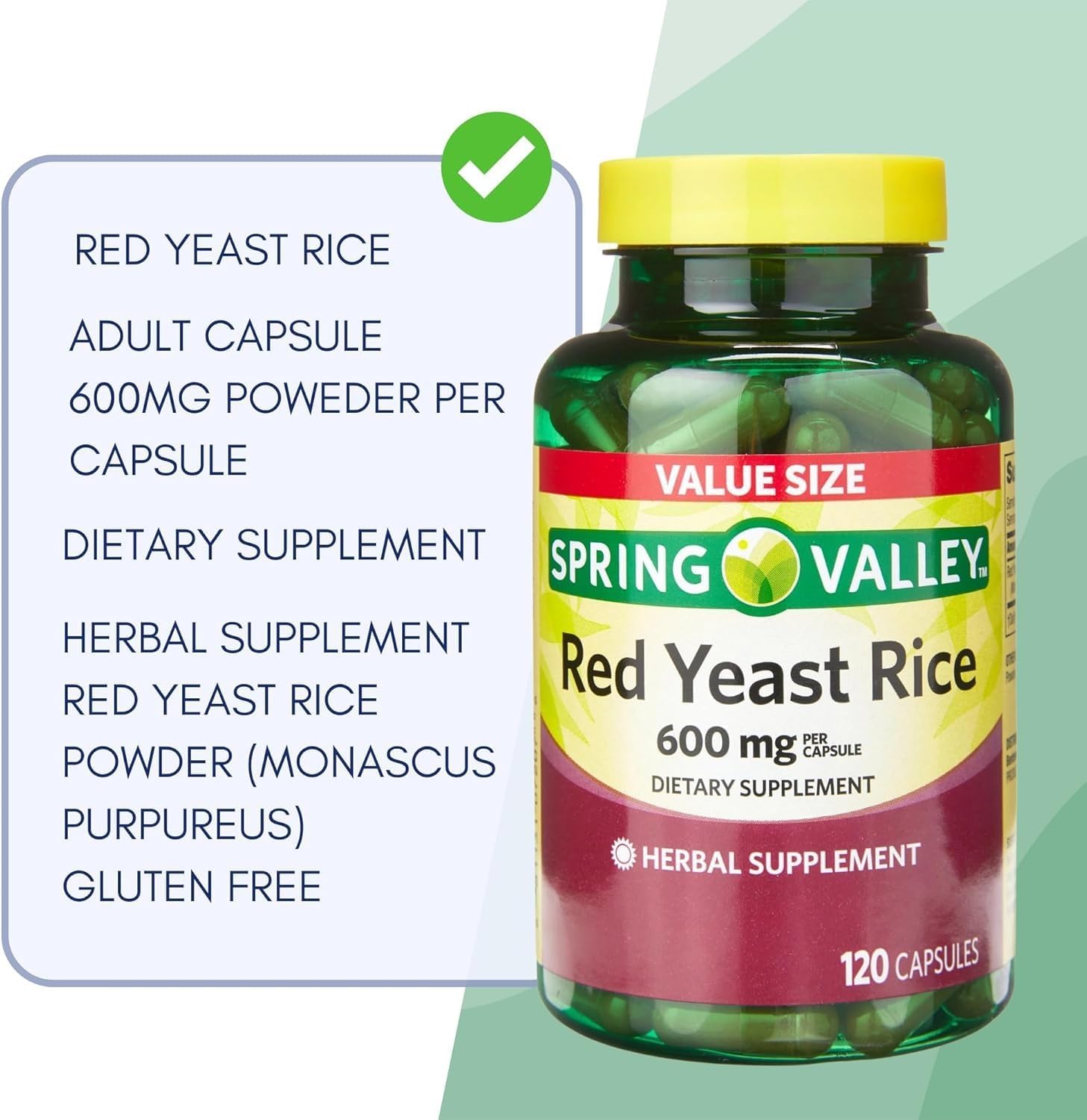 Spring Valley Red Yeast Rice, 600 mg, 120 Count, Dietary Supplement - Set by Basket Goods