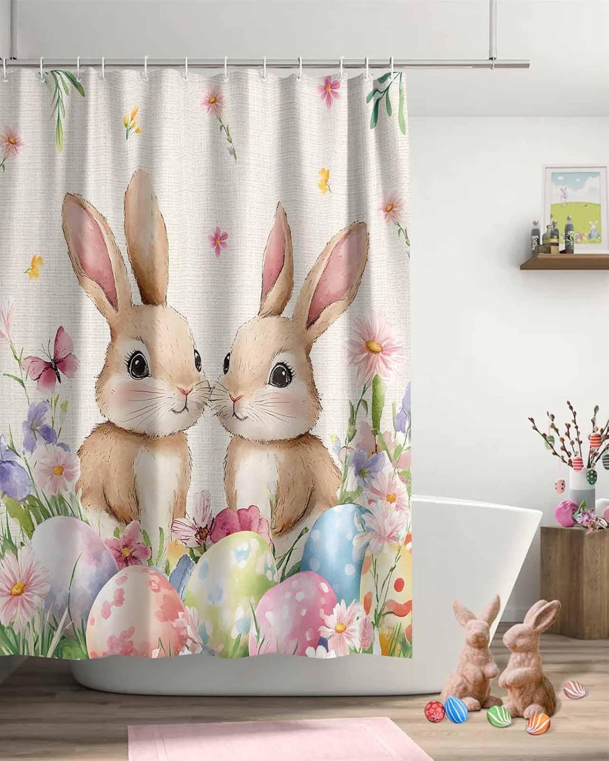 Easter Bunny Egg Floral Shower Curtain, Spring Flowers Rabbits Shower Curtain Set with Hooks, Spring Summer Waterproof Fabric Shower Curtains for Bathroom Decor, 72x96 Inch Bath Curtain