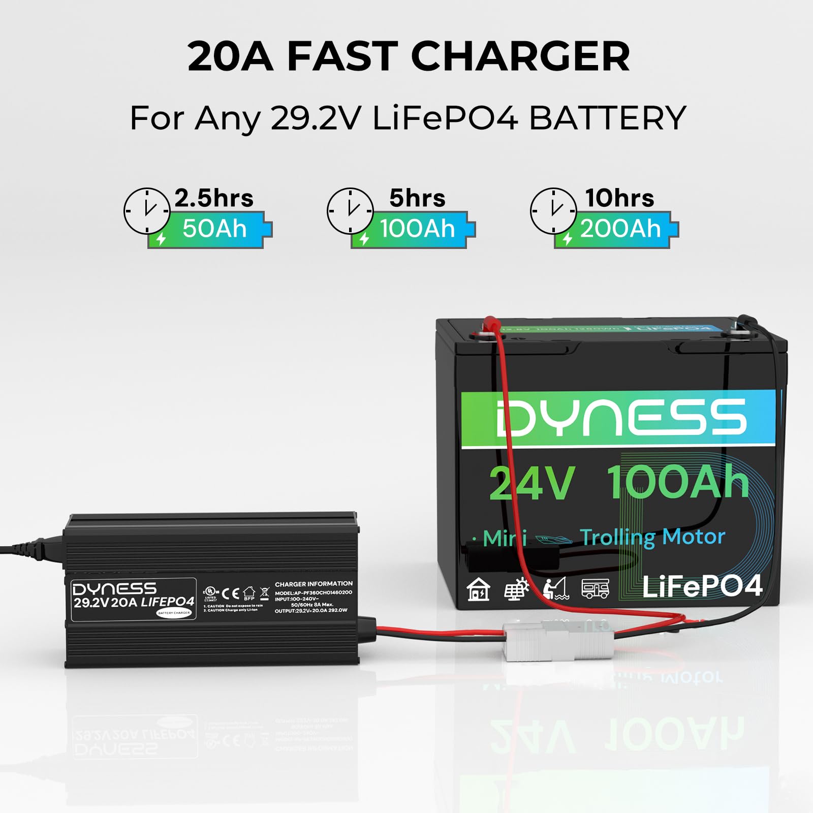 Dyness Caricabatterie 29,2 V 20 A LiFePO4, Caricabatterie Automatico Intelligente a 3 Livelli per Batterie al Litio LiFePO4 Adatto per Batterie al Litio da 24 V (25,6 V) con Protezione Completa