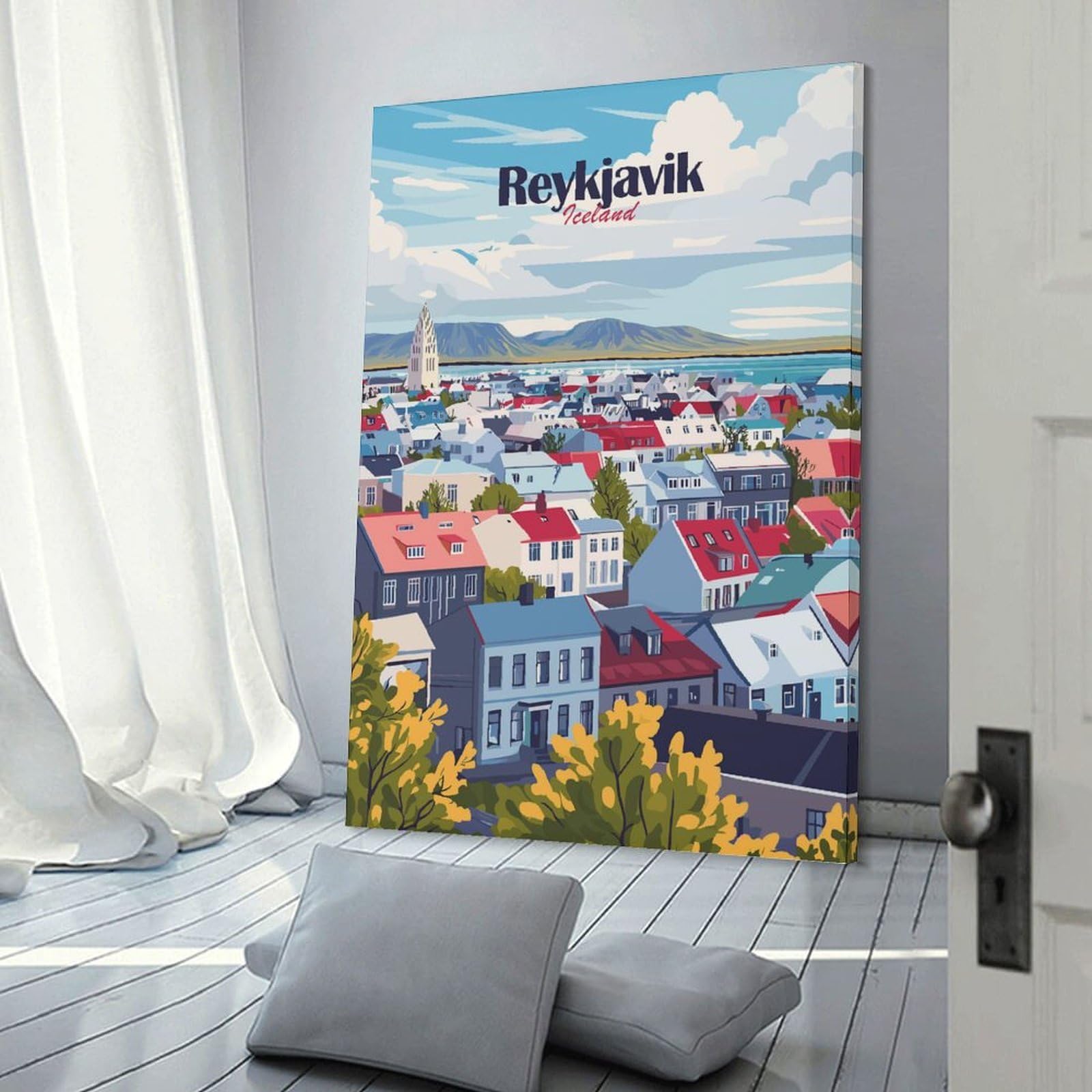 Junmoney Canvas Wall Picture Reykjavik Cityscape, 20x30inch(50x75cm), for Hallway, Bedroom Or Modern Interiors, Home Decor Gift with Stylish Appeal